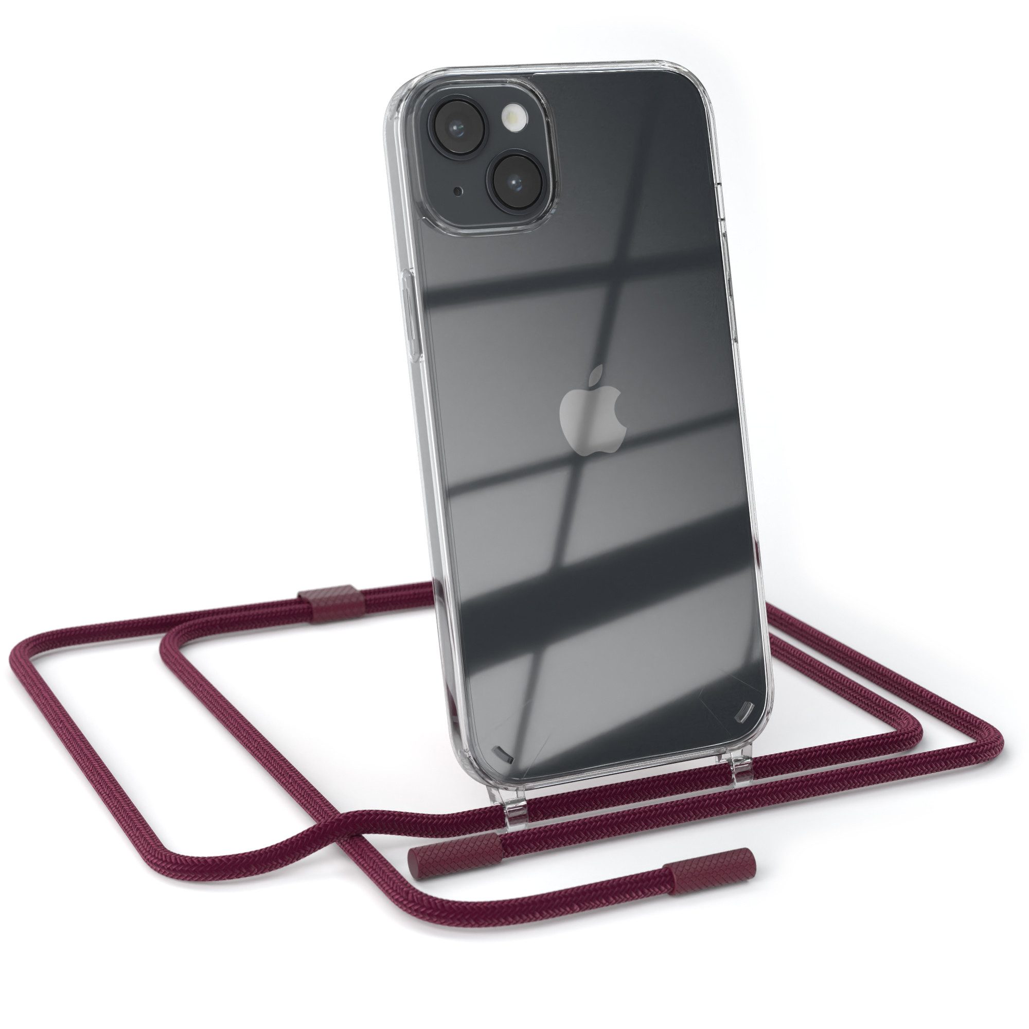 EAZY CASE Handykette Silikon Kette Unifarbe für Apple iPhone 14 Plus 6,7 Zoll, Silicon Handyhülle mit breiter Kette Carabiner Bordeaux Rot Beere