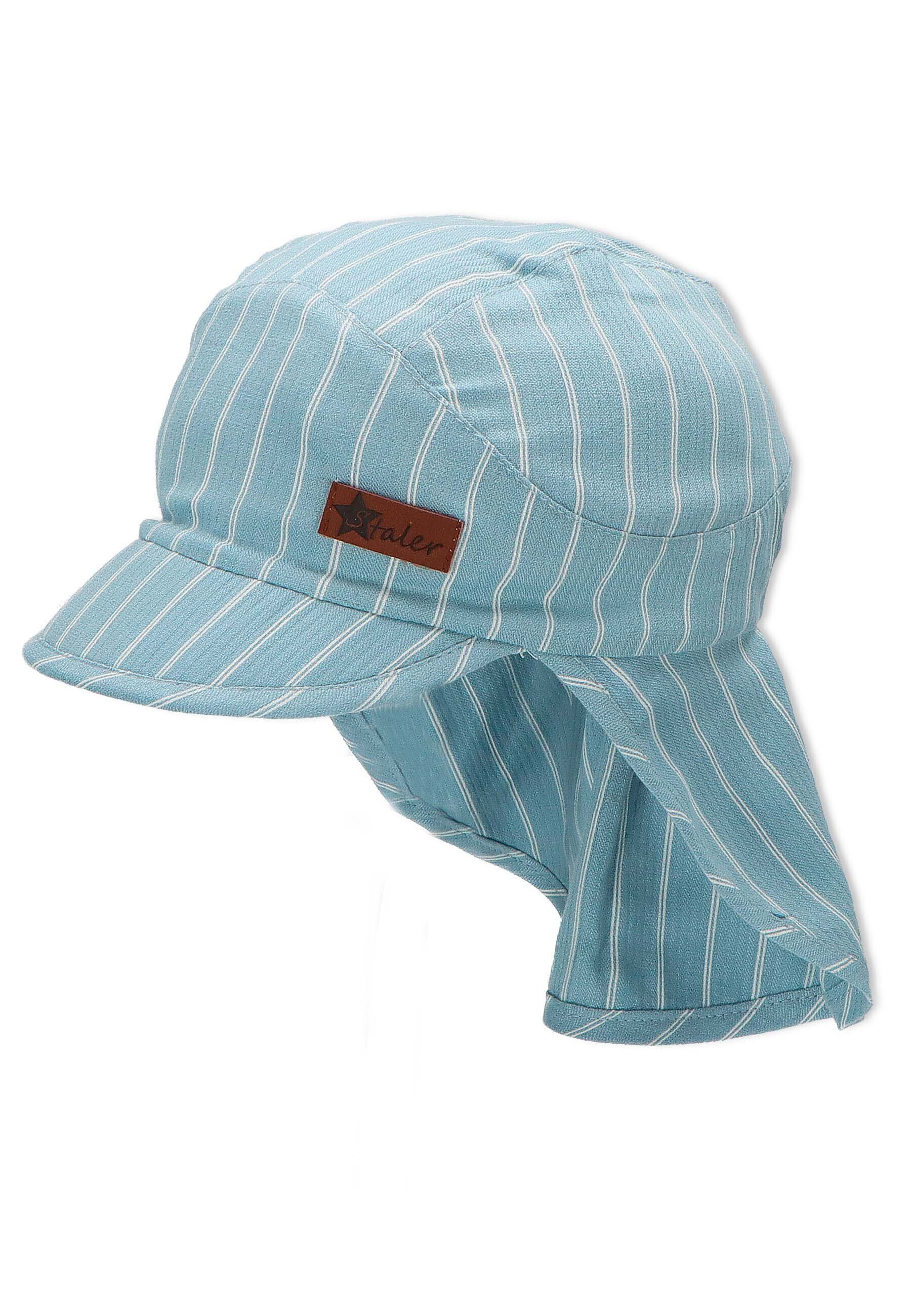 Sterntaler® Beanie Schirmmütze (1-St., 50+ den mit Nackenschutz aus unifarben mit Baby mit perfekt Sommer) hellblau Schirm UV-Popeline Kindermütze Hut UV-Sonnenschutz für