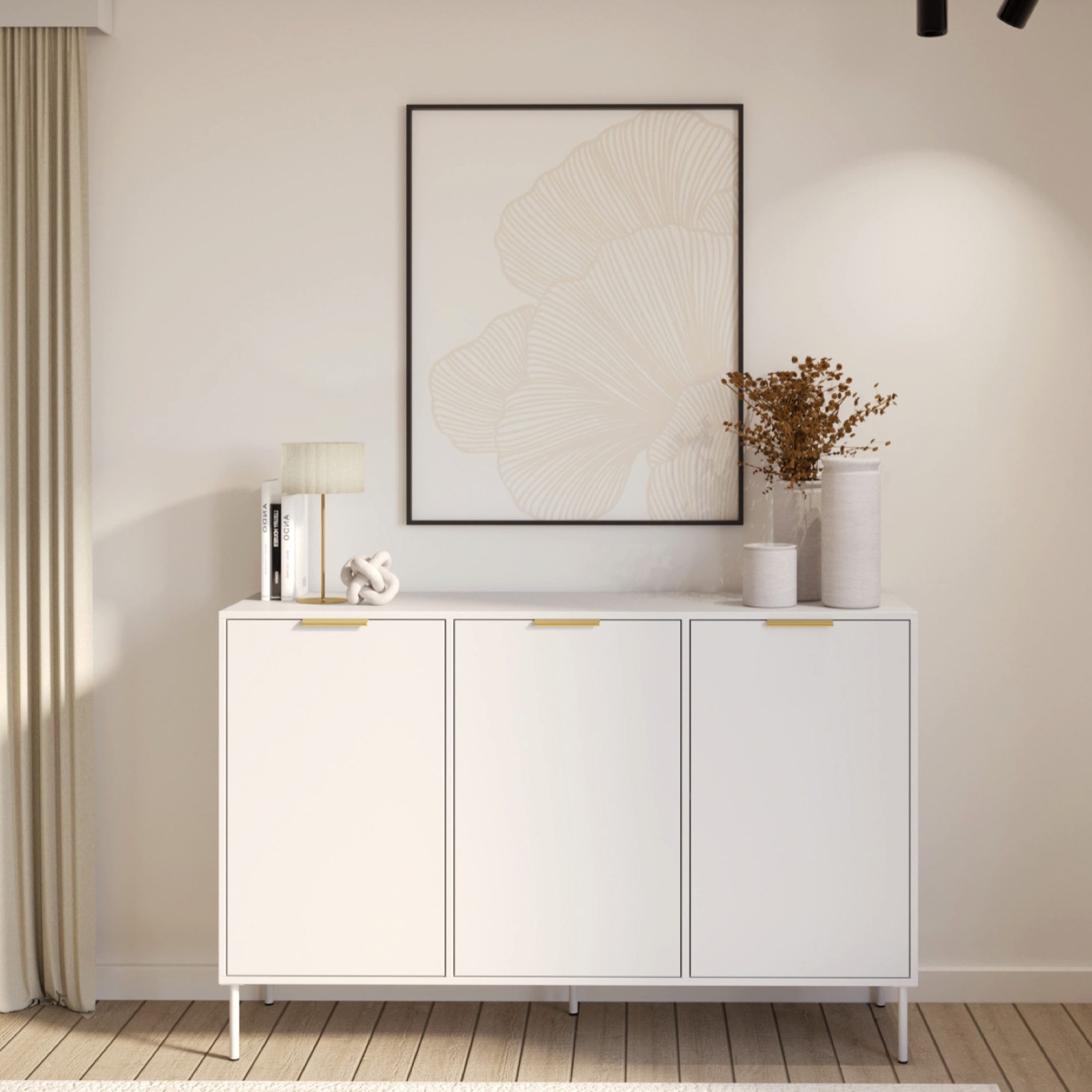 Selsey Sideboard VENA, Sideboard in Weiß mit goldenen Griffen, 3 Türen