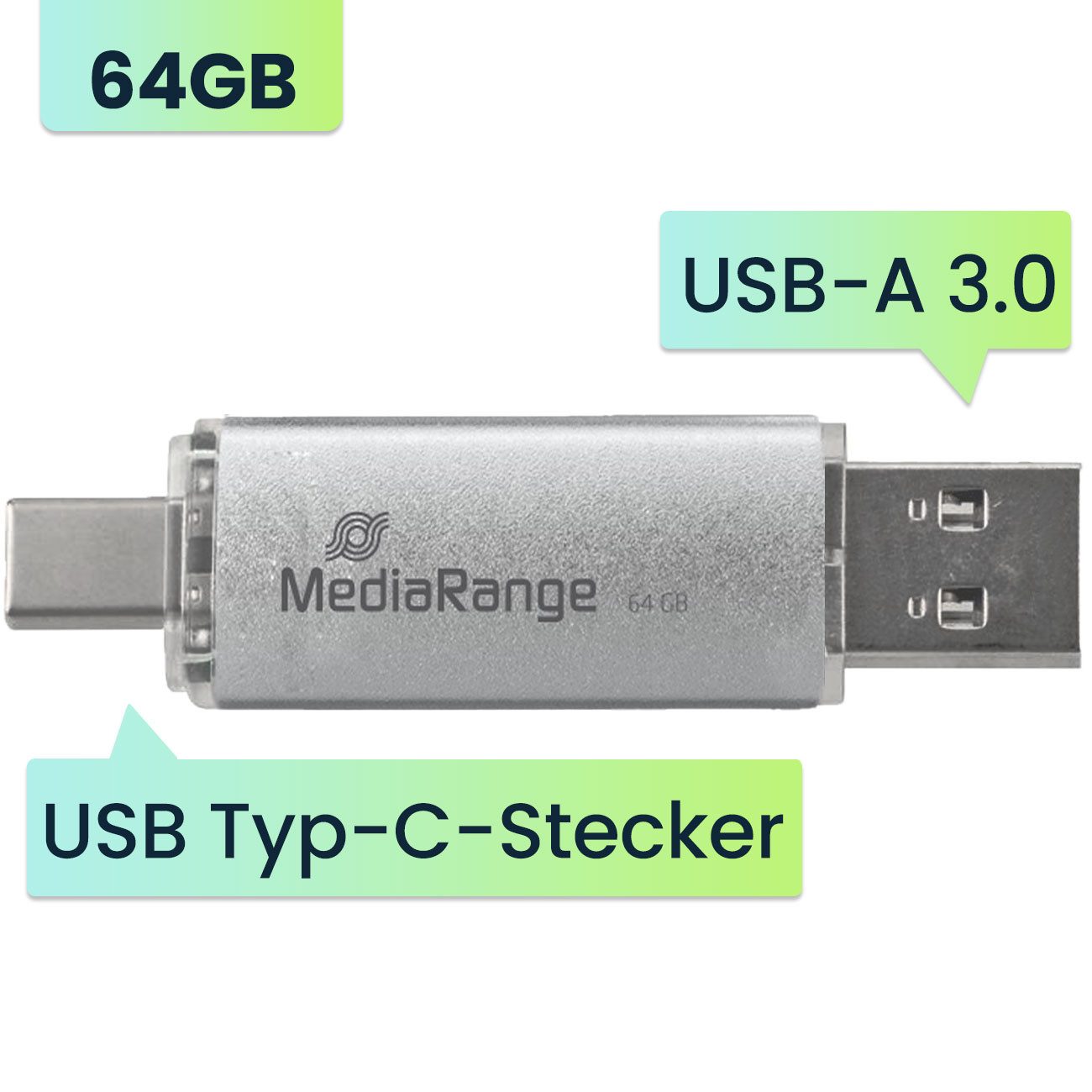 Mediarange 64GB USB-Stick Dual-Anschluss, USB-C & USB 3.0 für PC & Smartphone USB-Stick (USB 3.0 & USB-C Dual-Speicherstick im Aluminium-Gehäuse)