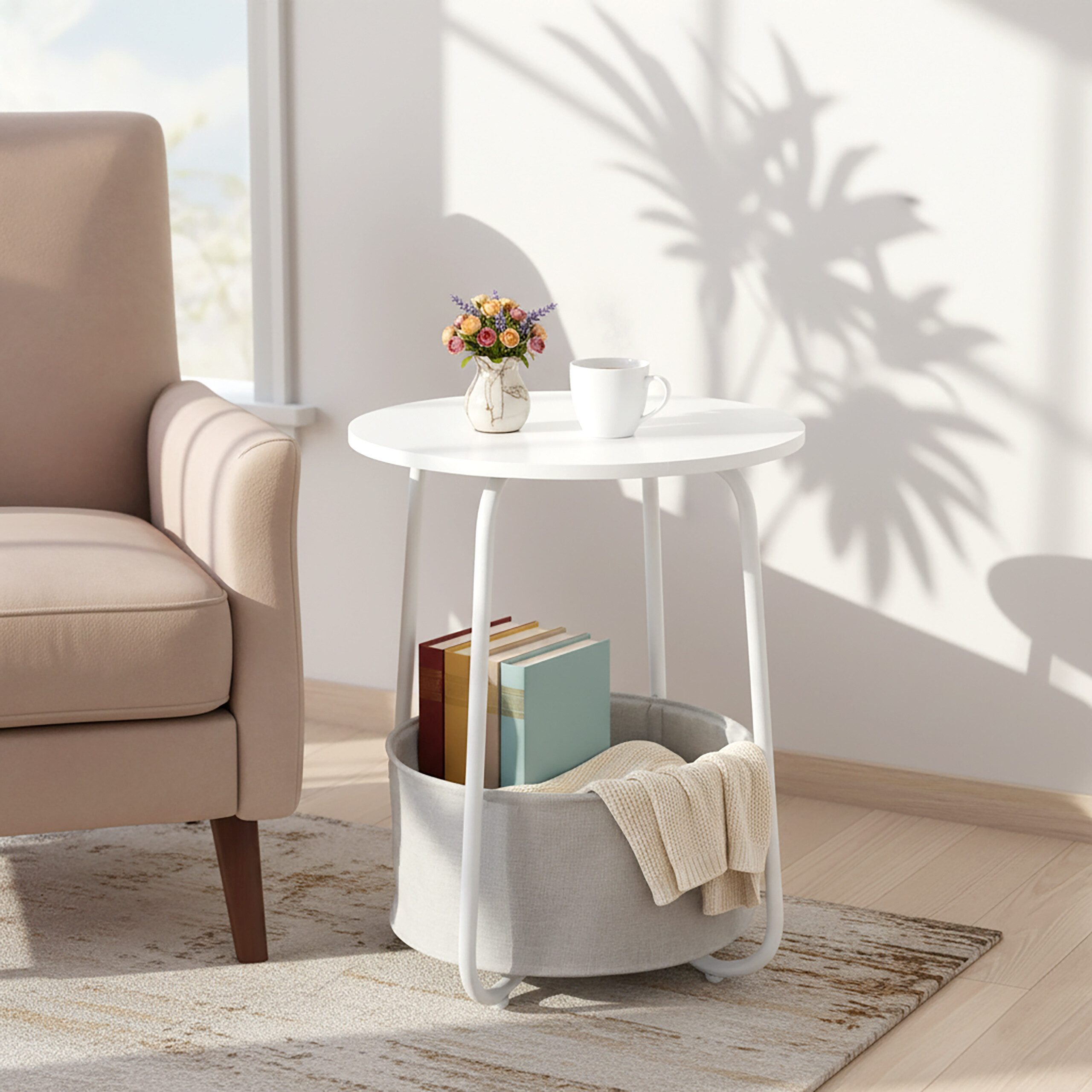 relaxdays Beistelltisch Runder Beistelltisch mit Korb, weiß günstig online kaufen