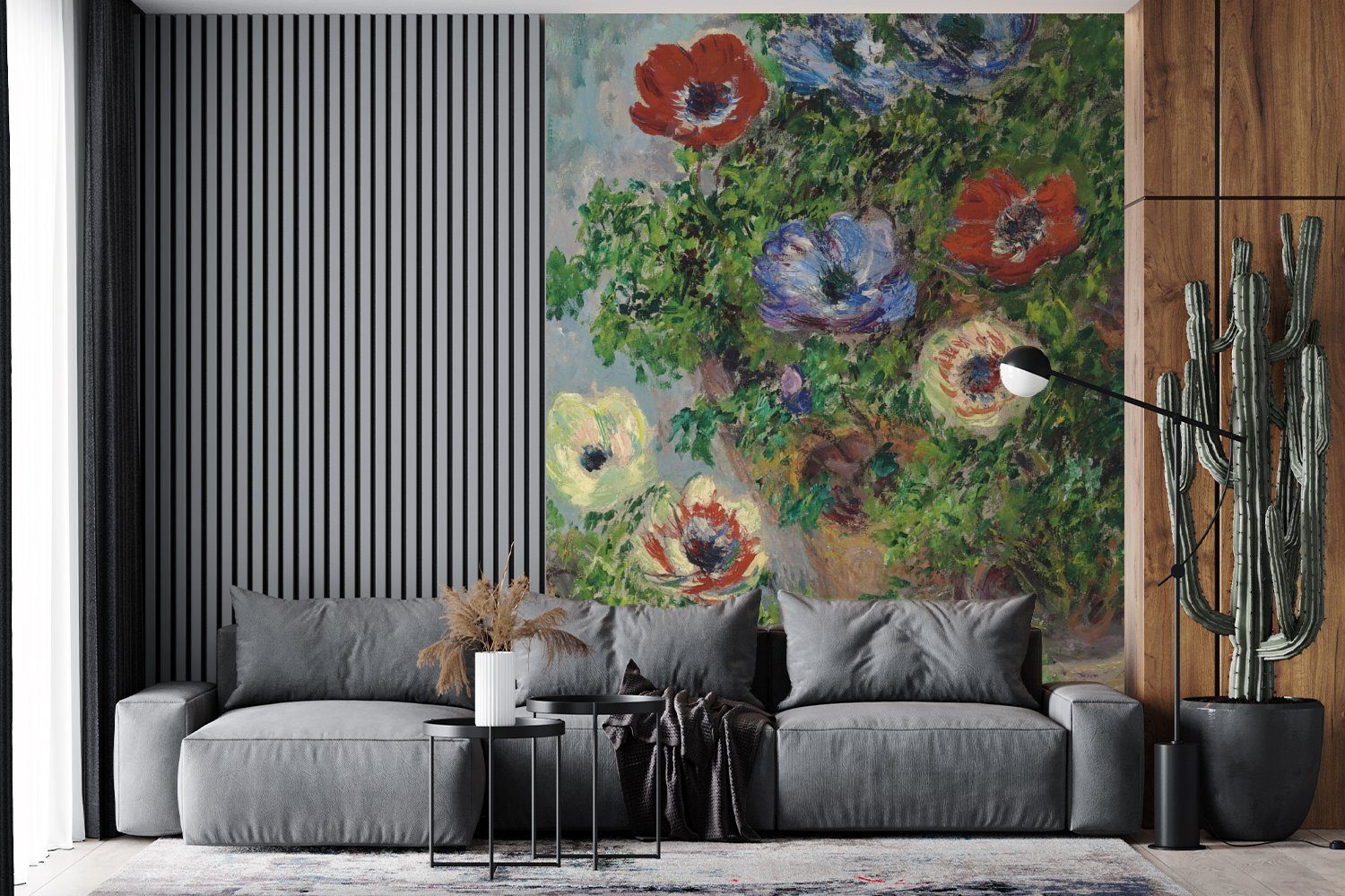 MuchoWow Fototapete Anemonen in einem Claude Tapete Monet, (4 Montagefertig Wohnzimmer, Gemälde von für - bedruckt, St), Wandtapete Glas Matt, Vinyl