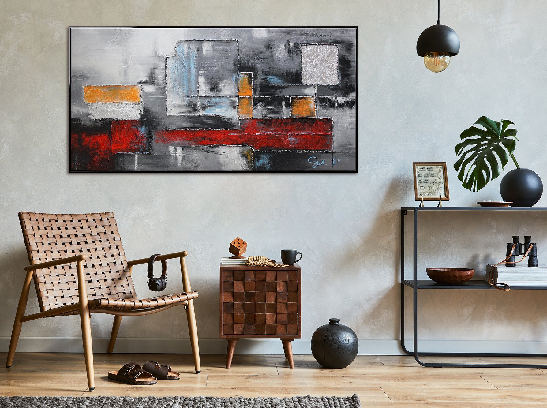 Abstraktion, Bild Gemälde in YS-Art Leinwand Orange Quadrat Handgemalt Rahmen Rot Mit Rechteck Abstraktes Abstraktion, Schwarz