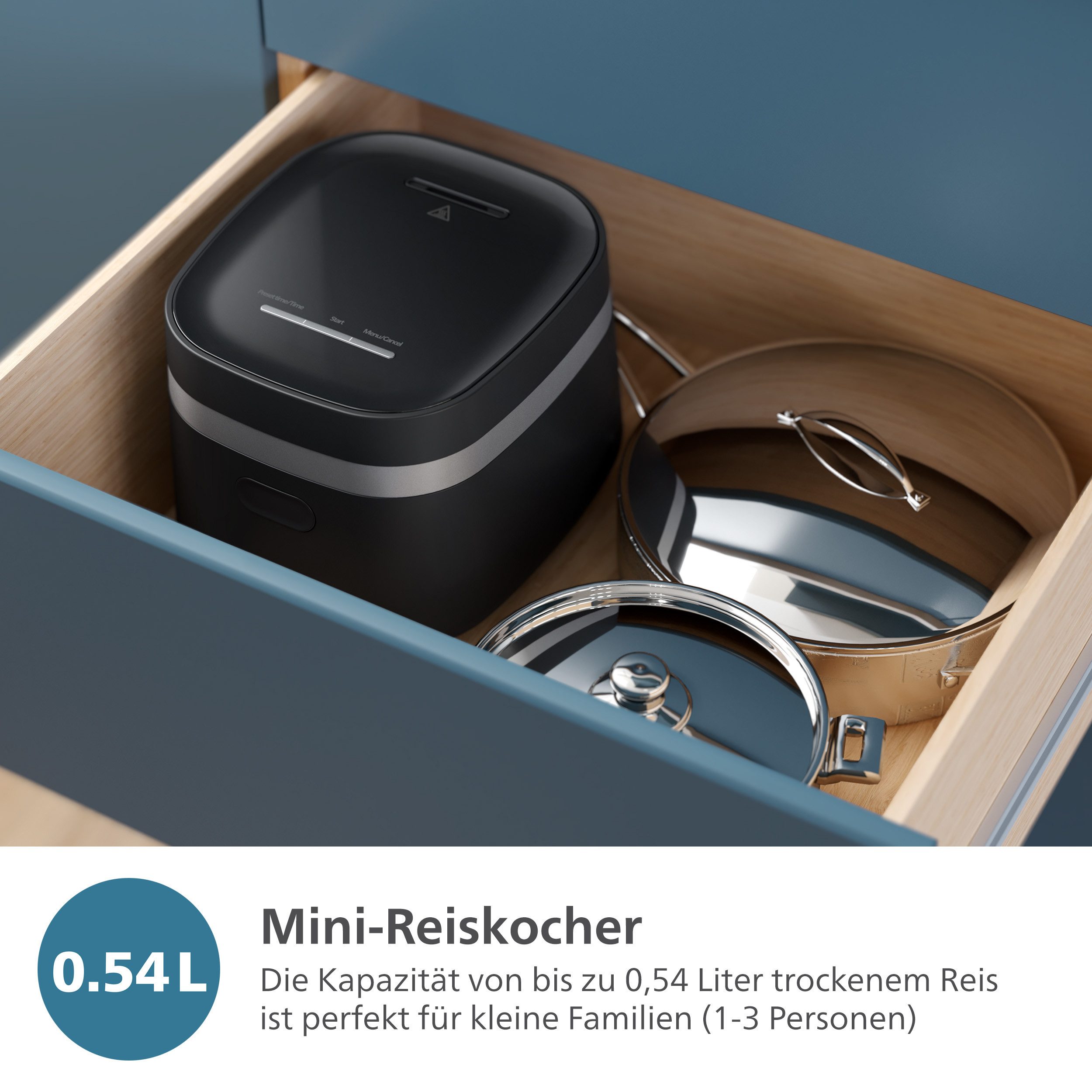 Philips Reiskocher Mini 3000 Series, für 1-3 Personen, mit 8 voreingestellten Programmen, 400 W, 0,54 l ungekochter Reis, Fast Cook-Modus u. Antihaft-Beschichtu – Bild 4 von 5