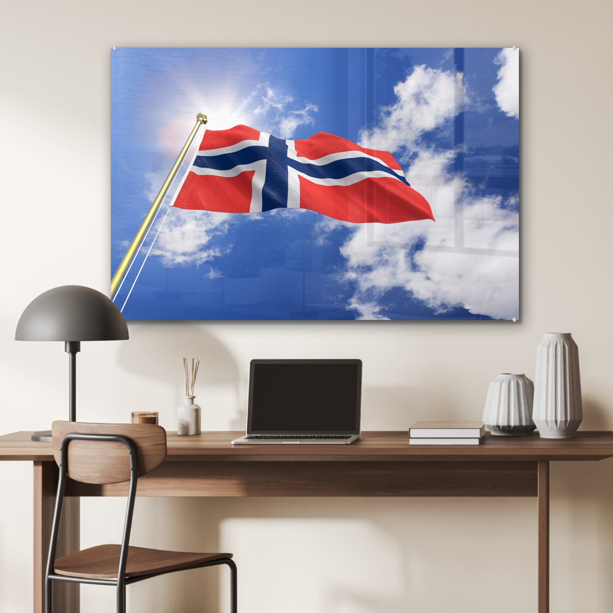St), Schlafzimmer (1 von MuchoWow & Wohnzimmer Norwegen Acrylglasbild Acrylglasbilder mit Flagge Himmel, blauem