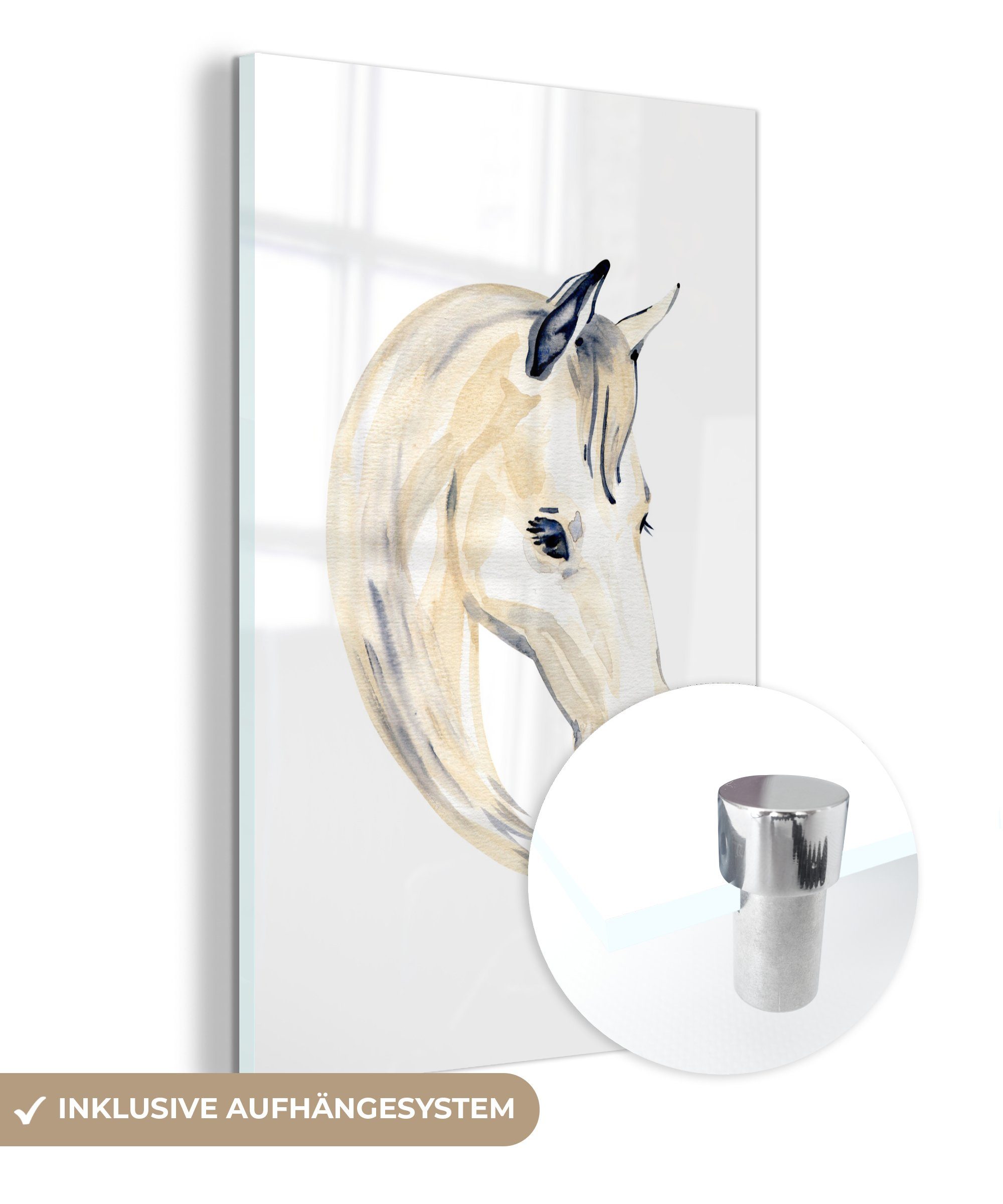 Foto Wandbild Mädchen St), Weiß (1 - - Mädchen, Aquarell Wanddekoration Pferd - - Kinder Acrylglasbild Bilder - Glas MuchoWow Glasbilder - - auf - Glas auf