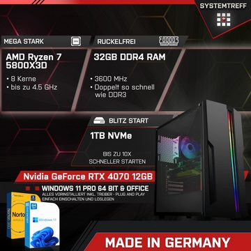 SYSTEMTREFF Gaming-PC (AMD Ryzen 7 5800X3D, GeForce RTX 4070, 32 GB RAM, 1000 GB SSD, Wasserkühlung, Windows 11, WLAN)