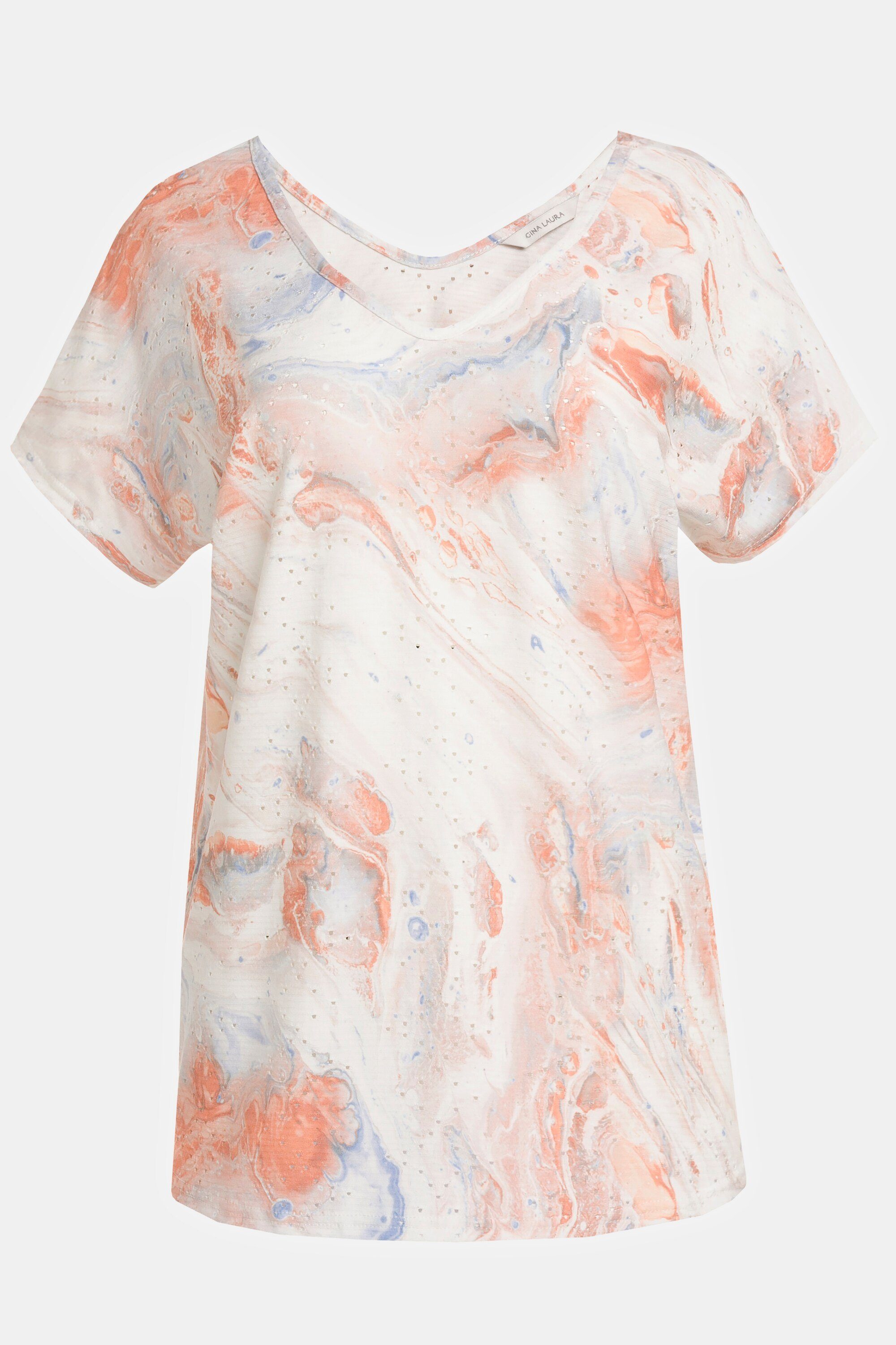 Damen Shirts Gina Laura Rundhalsshirt T-Shirt Ajour-Jersey Marmor Print V-Ausschnitt