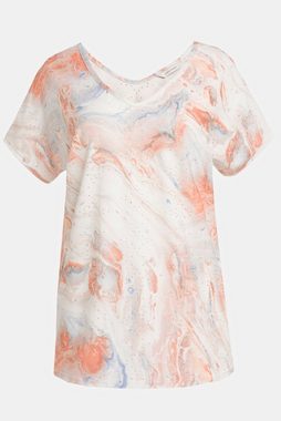Gina Laura Rundhalsshirt T-Shirt Ajour-Jersey Marmor Print V-Ausschnitt