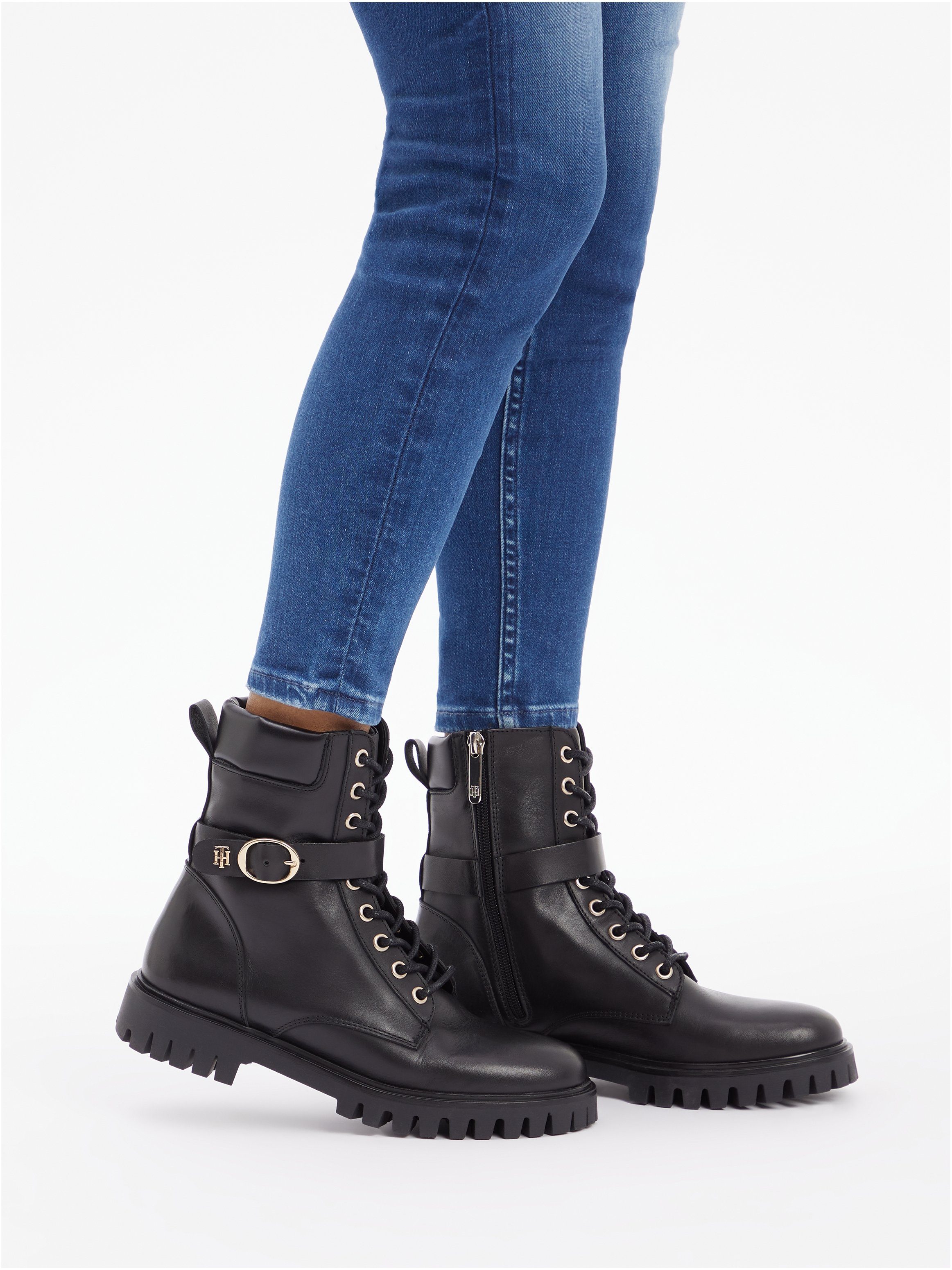 Tommy Schnürboots BUCKLE schwarz Schaftrand UP LACE BOOT abgepolstertem mit Hilfiger