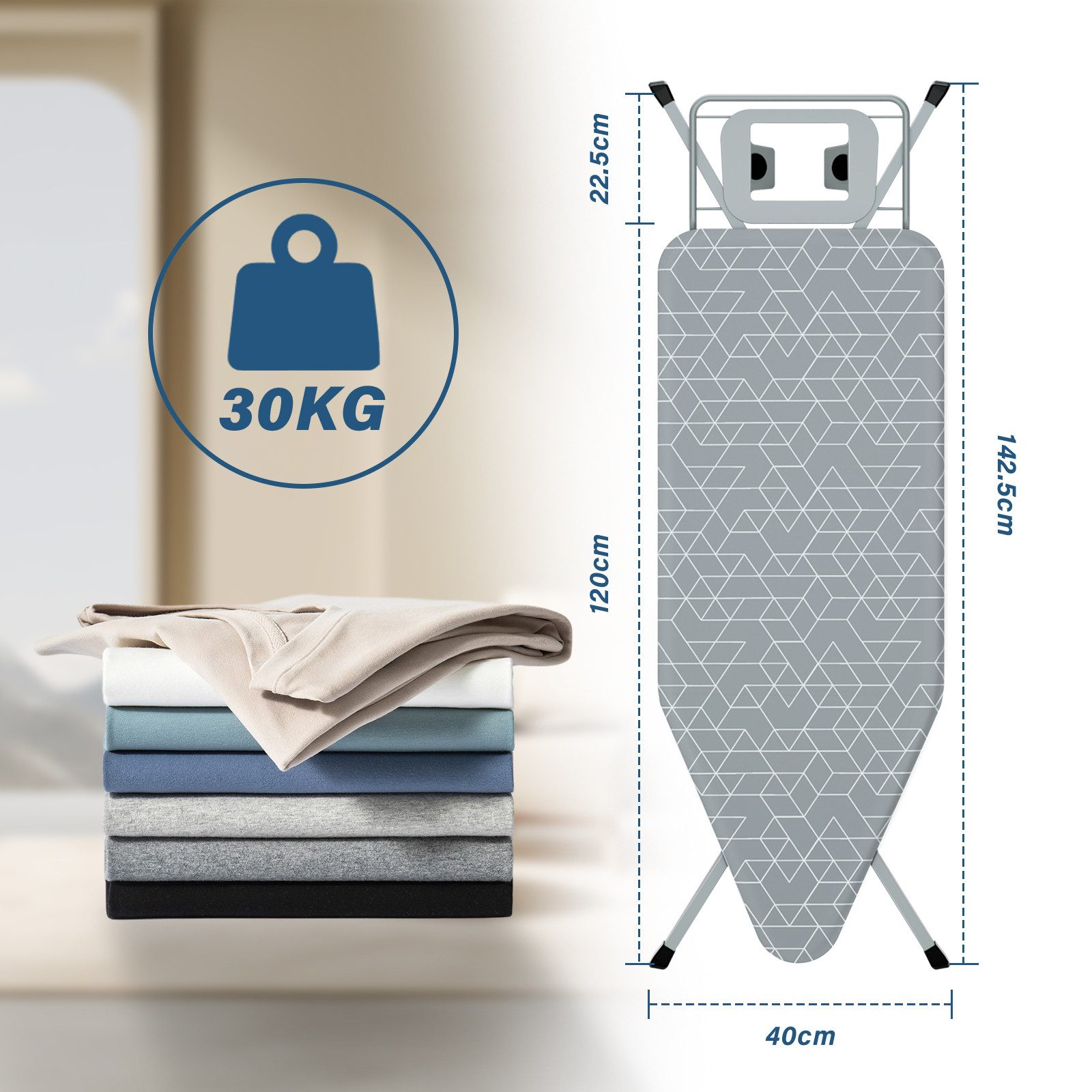 DEWINNER Bügelbrett XXL 120 × 45 cm klappbar höhenverstellbar, Bügelfläche 45x120 cm, Sicherheitsverschluss, Ablage f. Dampfbügeleisen – Bild 3 von 5