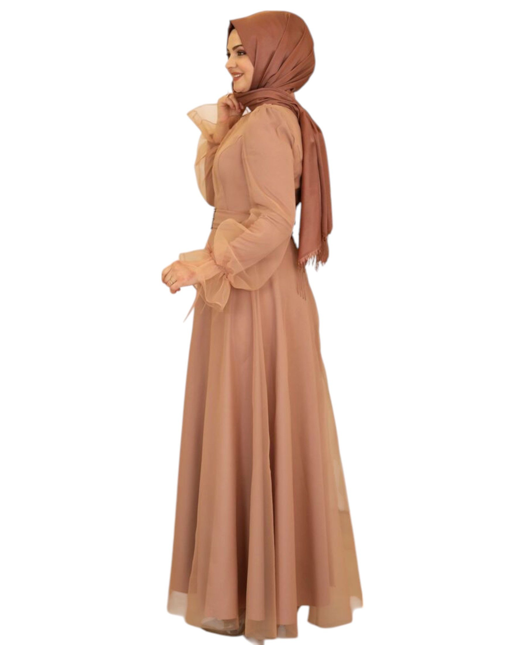 Modavitrini Abendkleid Damen Tüll Maxikleid Langarm – Festkleid mit Gürtel Modest Fashion Gürtel mit Schmucksteinen