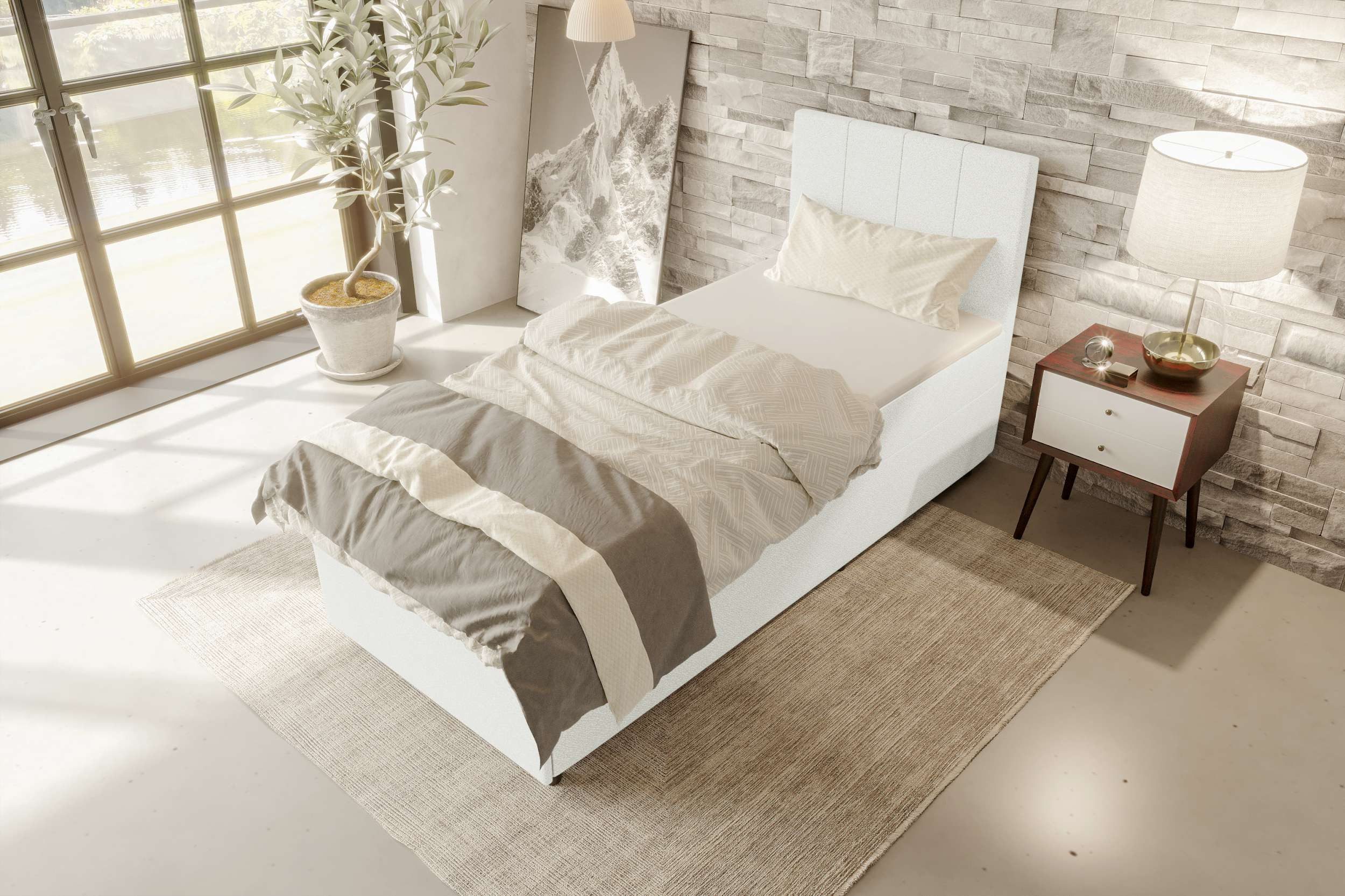 99rooms Boxspringbett Kira Mini (Schlafzimmerbett, Bett), 90/120x200 cm, in Strukturstoff NEVE, Topper, Stauraum als Frontauszug