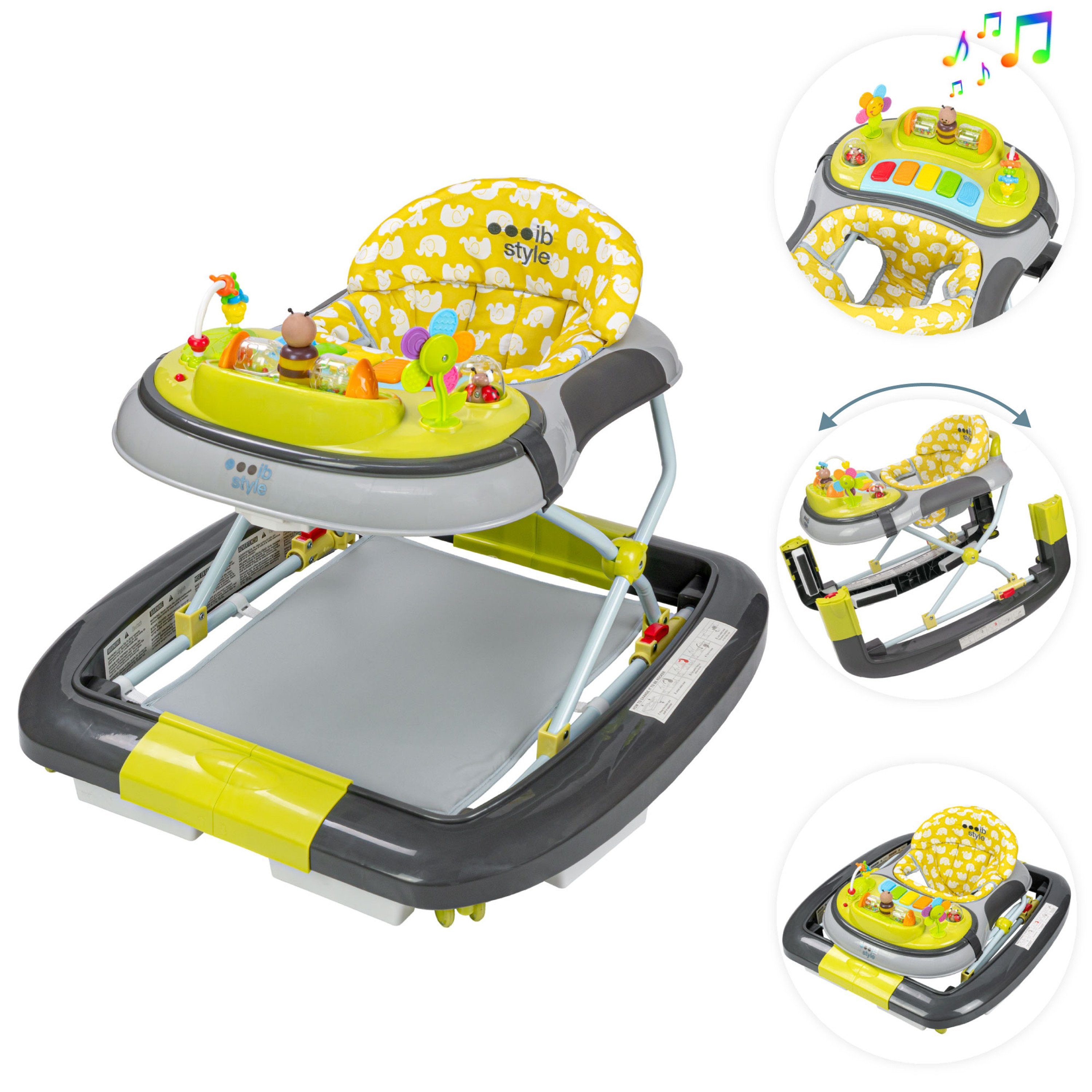 ib style Lauflernhilfe Little World Babywalker Lemon Grey, Lauflernwagen mit Schaukelfunktion & elektronischem Spielelement