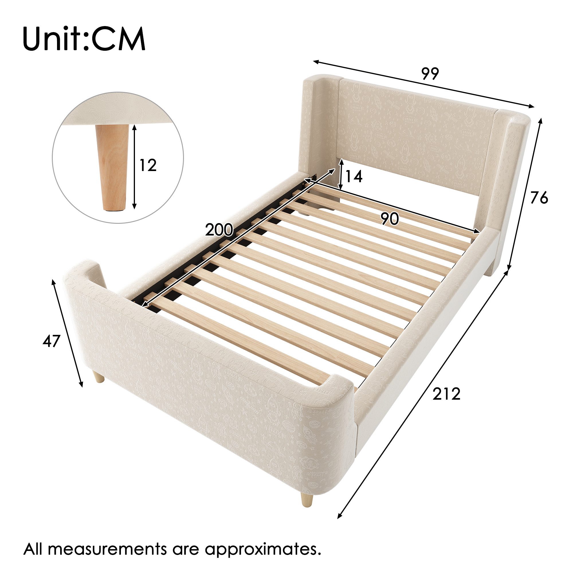 Flieks Polsterbett, Kinderbett Einzelbett 90x200cm mit kosmischem Muster Samt