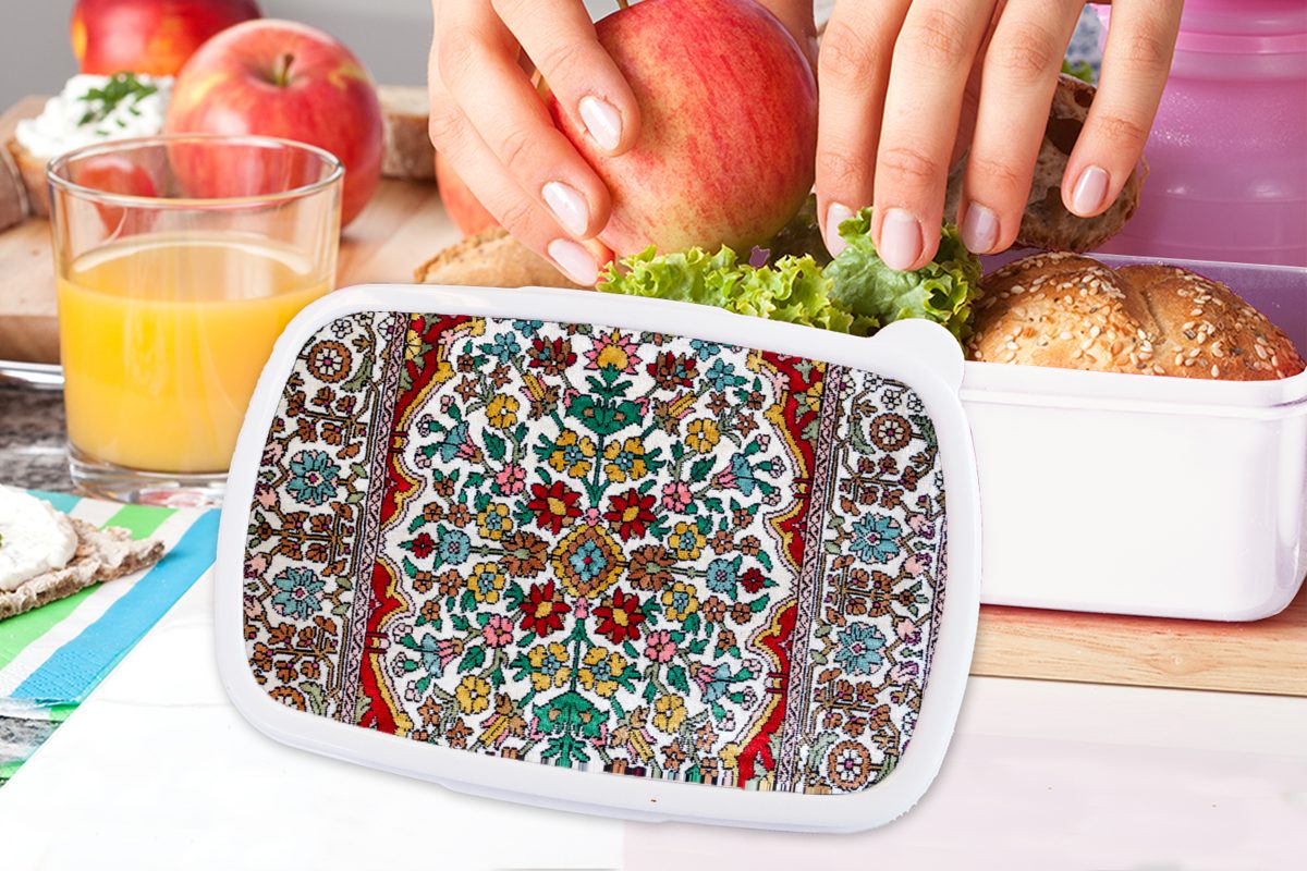 Brotdose, Farben, Brotbox Lunchbox MuchoWow Kunststoff, - Erwachsene, (2-tlg), - für Mädchen Jungs und Teppiche und Teppiche Muster weiß - für Kinder Persische