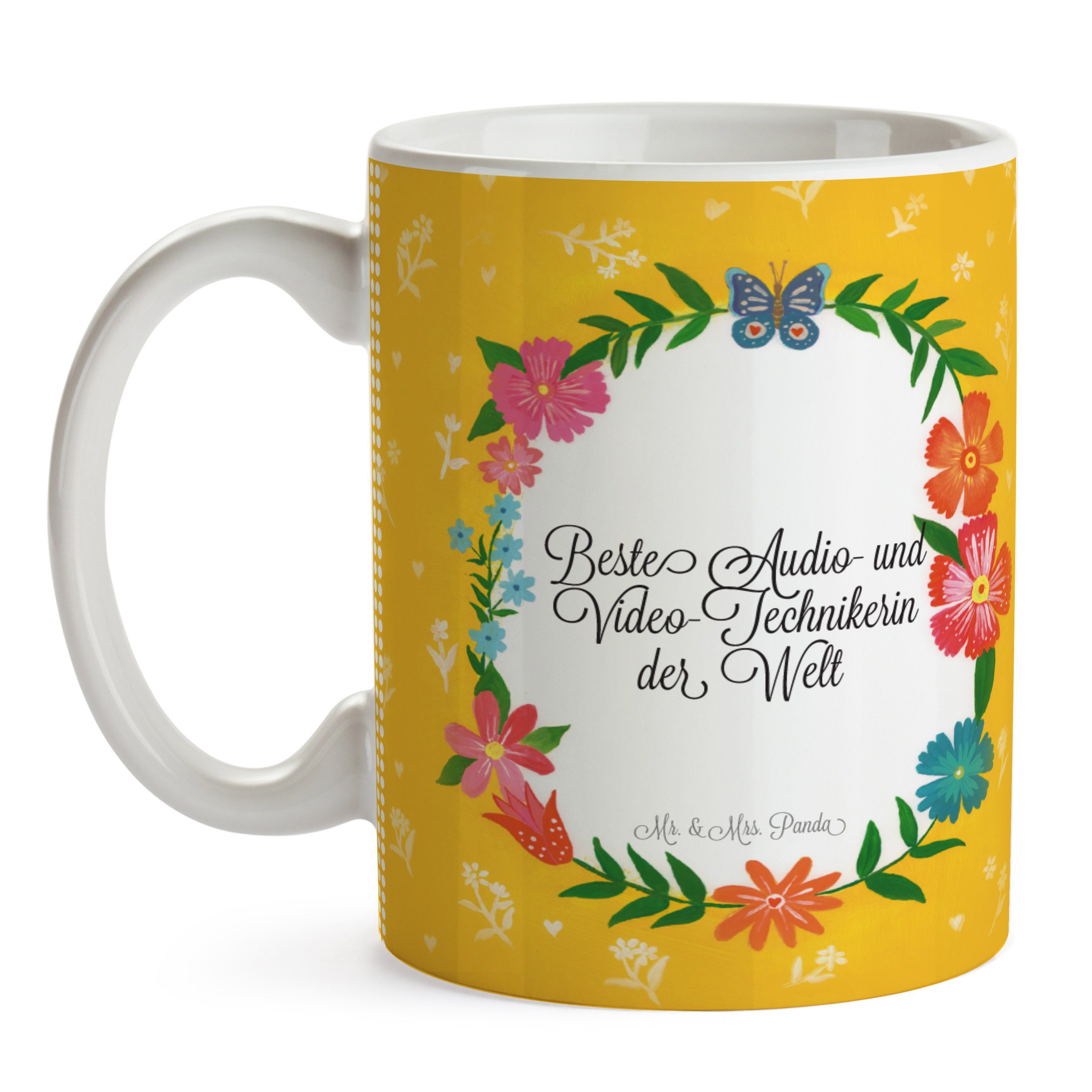 & und Abschied, - Berufsausbildung, Geschenk, Video-Technikerin Audio- Tasse Panda Mr. Keramik Mrs.