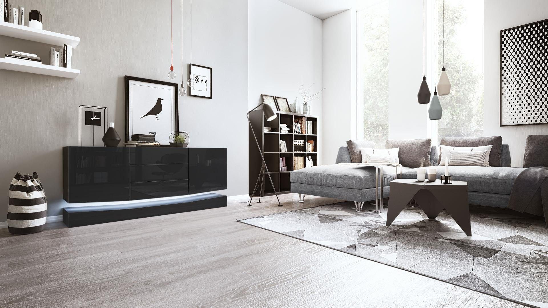 Vladon Sideboard City (Kommode mit 2 Türen, und 3 Schubladen inkl. LED-Beleuchtung), Schwarz matt/Schwarz Hochglanz (178 x 72 x 38 cm)