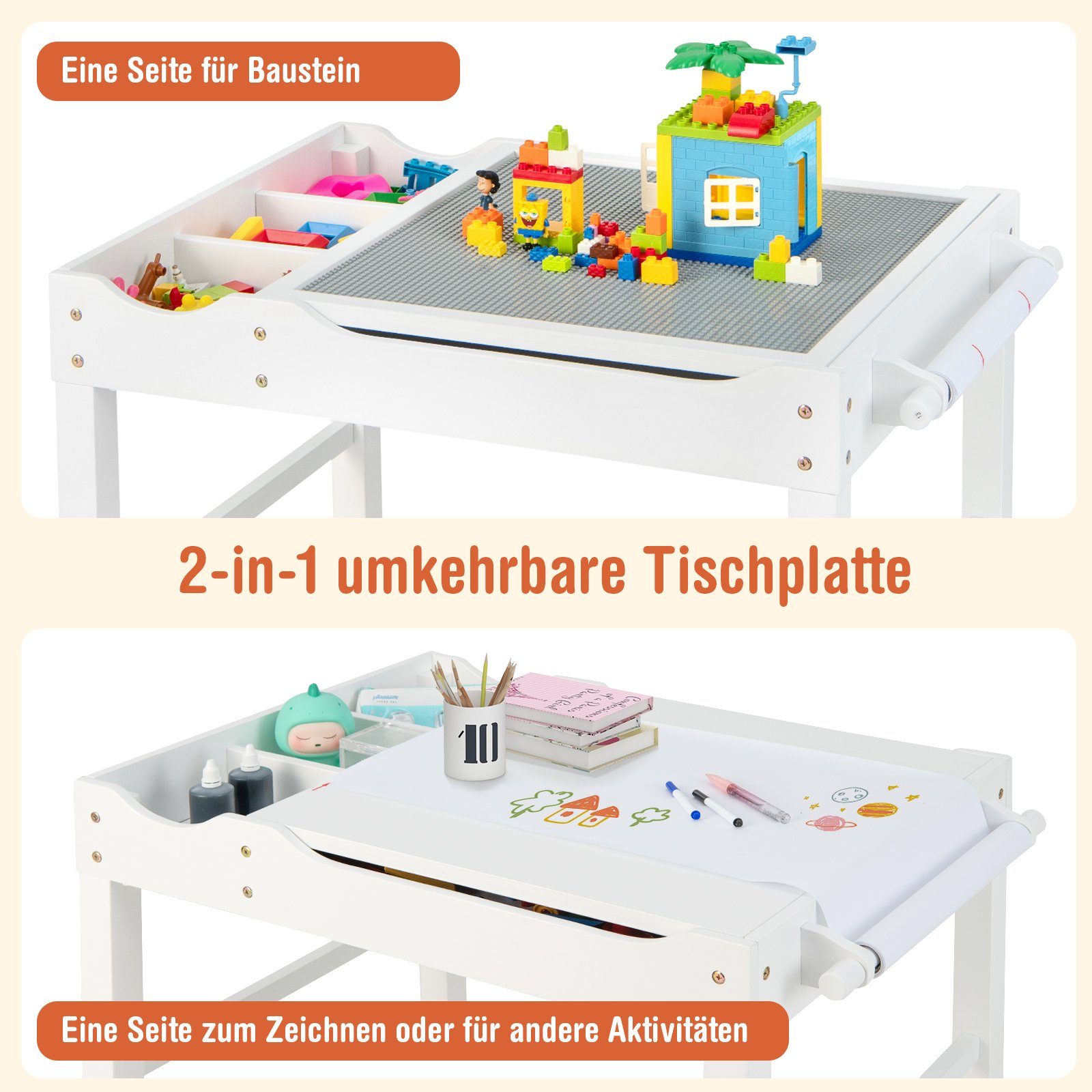 COSTWAY Spieltisch Kinderschreibtisch, mit umkehrbarer Tischplatte
