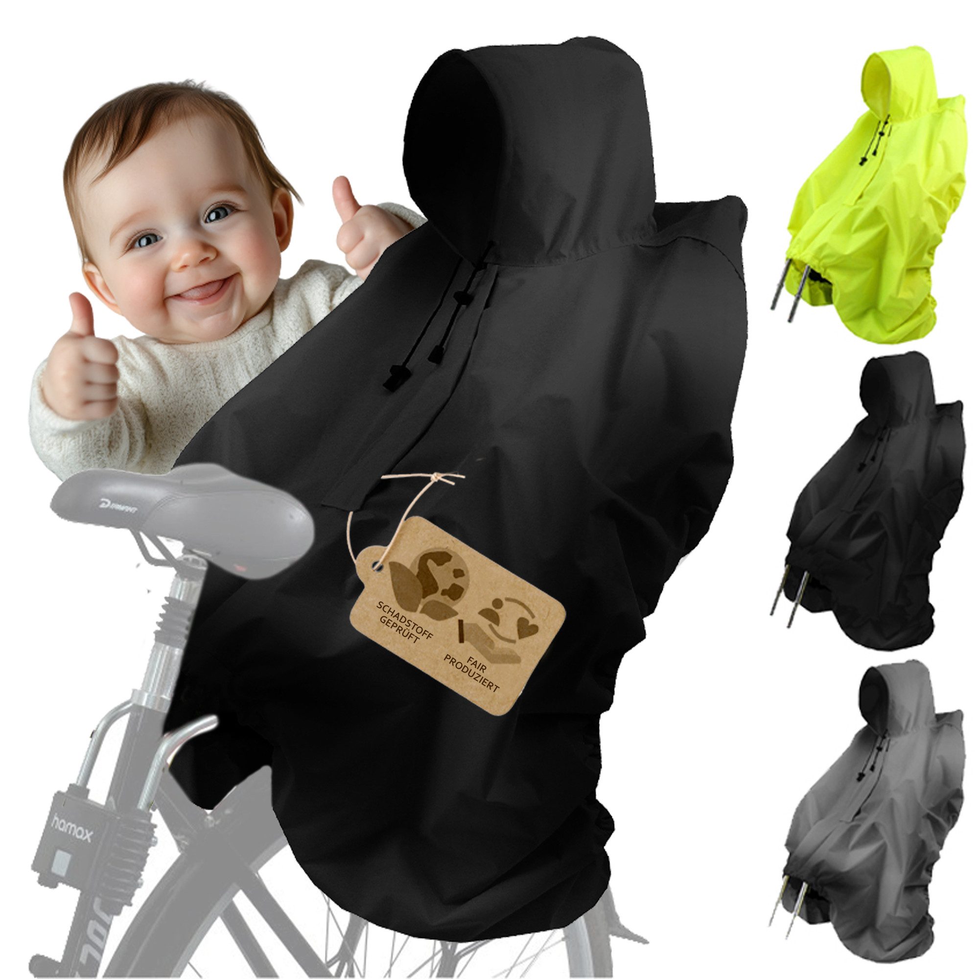 BambiniWelt by Rafael K. Fahrradkindersitz Regencape Regenponcho für Kinderfahrradsitz Reflektorstreifen, Kinderhelm passt unter die Kapuze