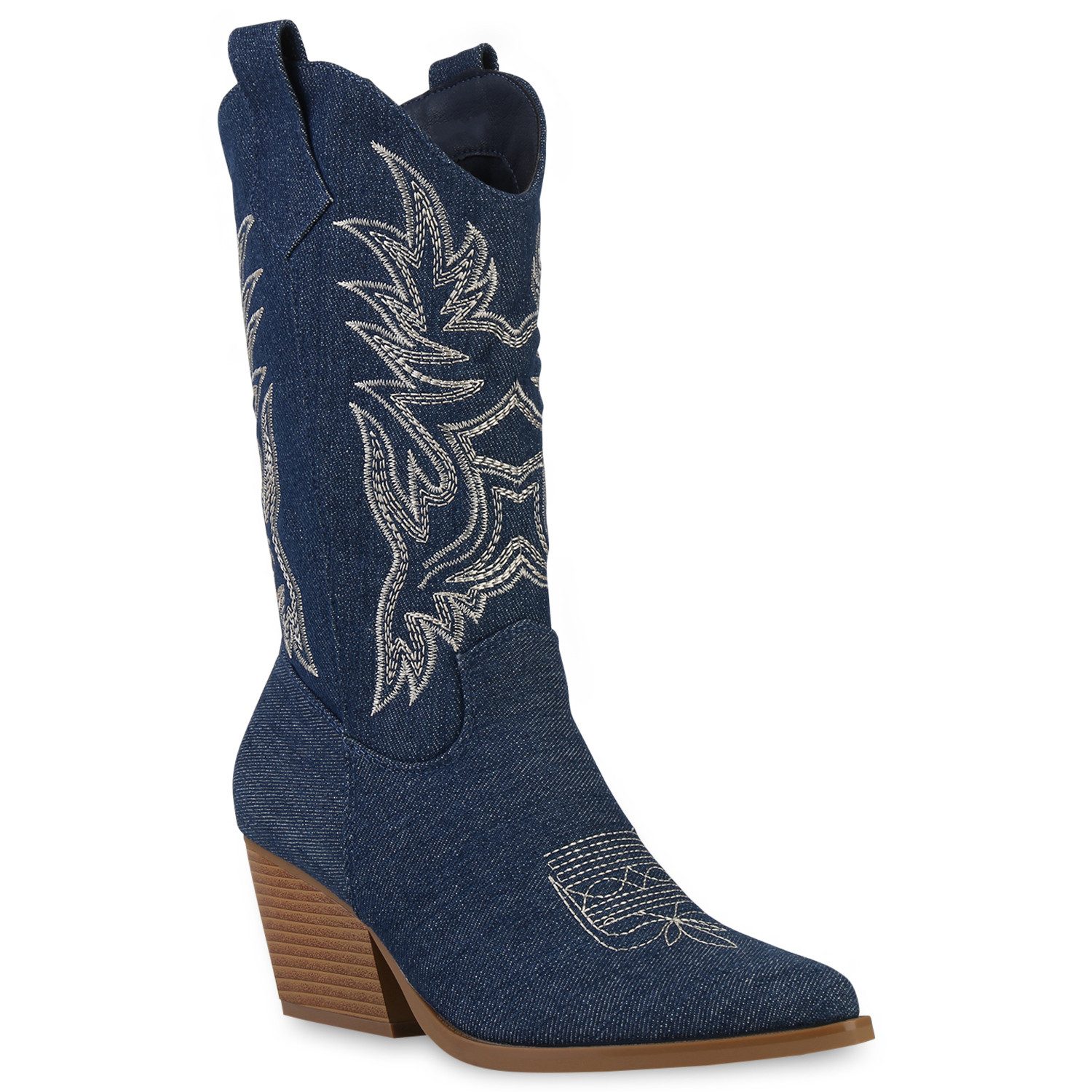 Van Hill Damen Cowboystiefel Mit Stickereien Und Holzoptikabsatz