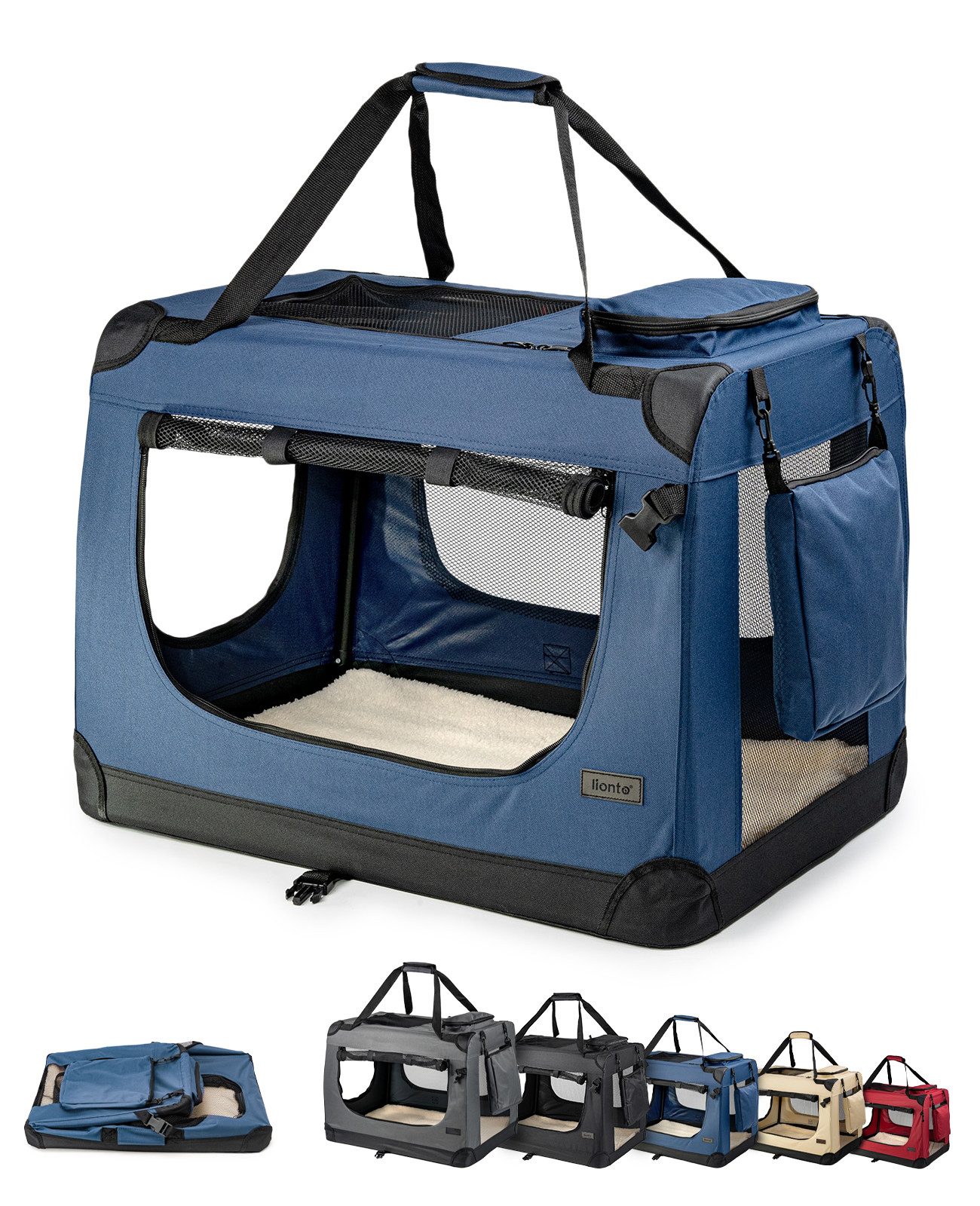 lionto Tiertransportbox für Katzen, leicht und komfortabel aus Textil bis 12 kg, 60x42x44 cm, dunkelblau
