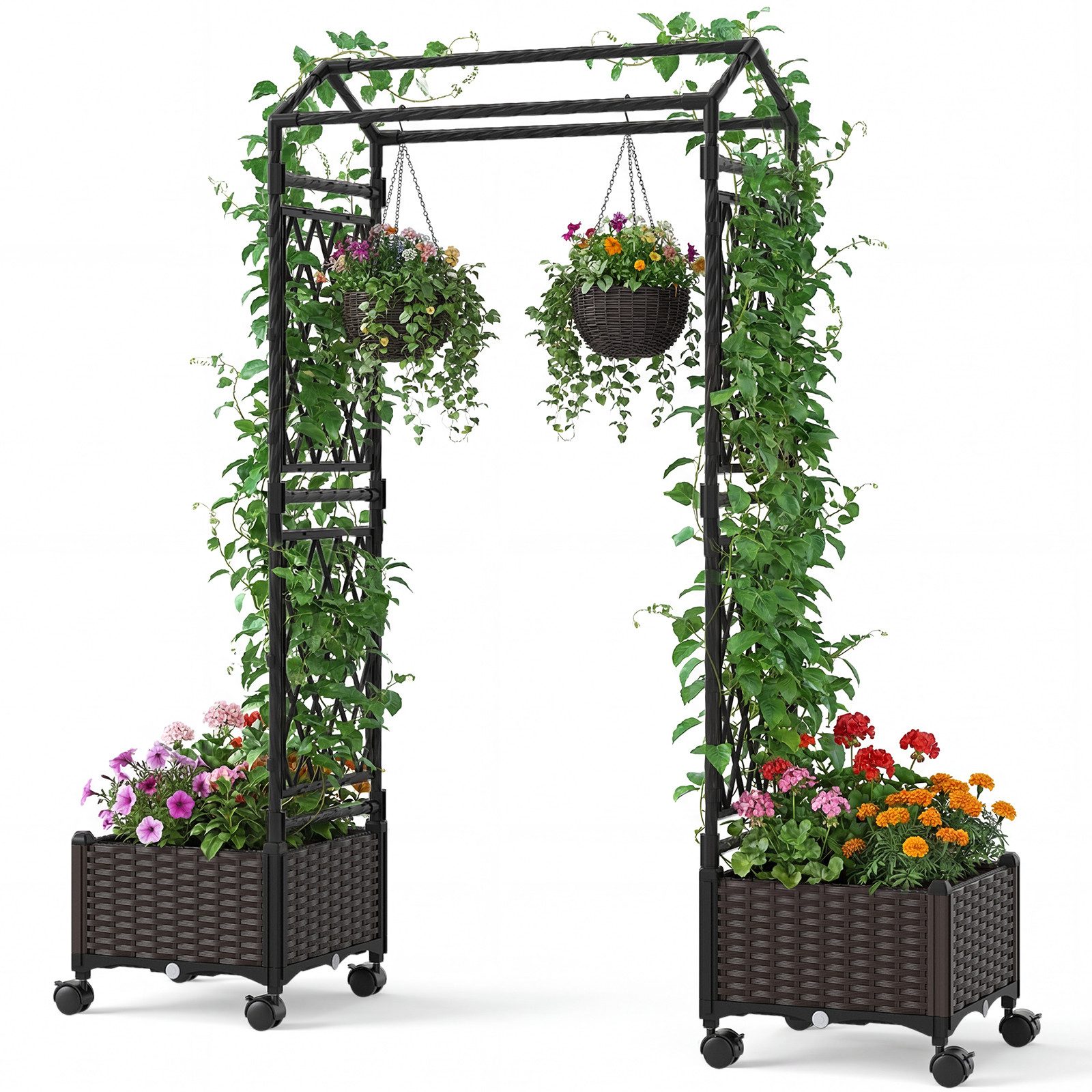 COSTWAY Blumenkasten (1 St), 2in1 Rosenbogen mit 2 Pflanzkästen, Gartenbogen auf Rollen