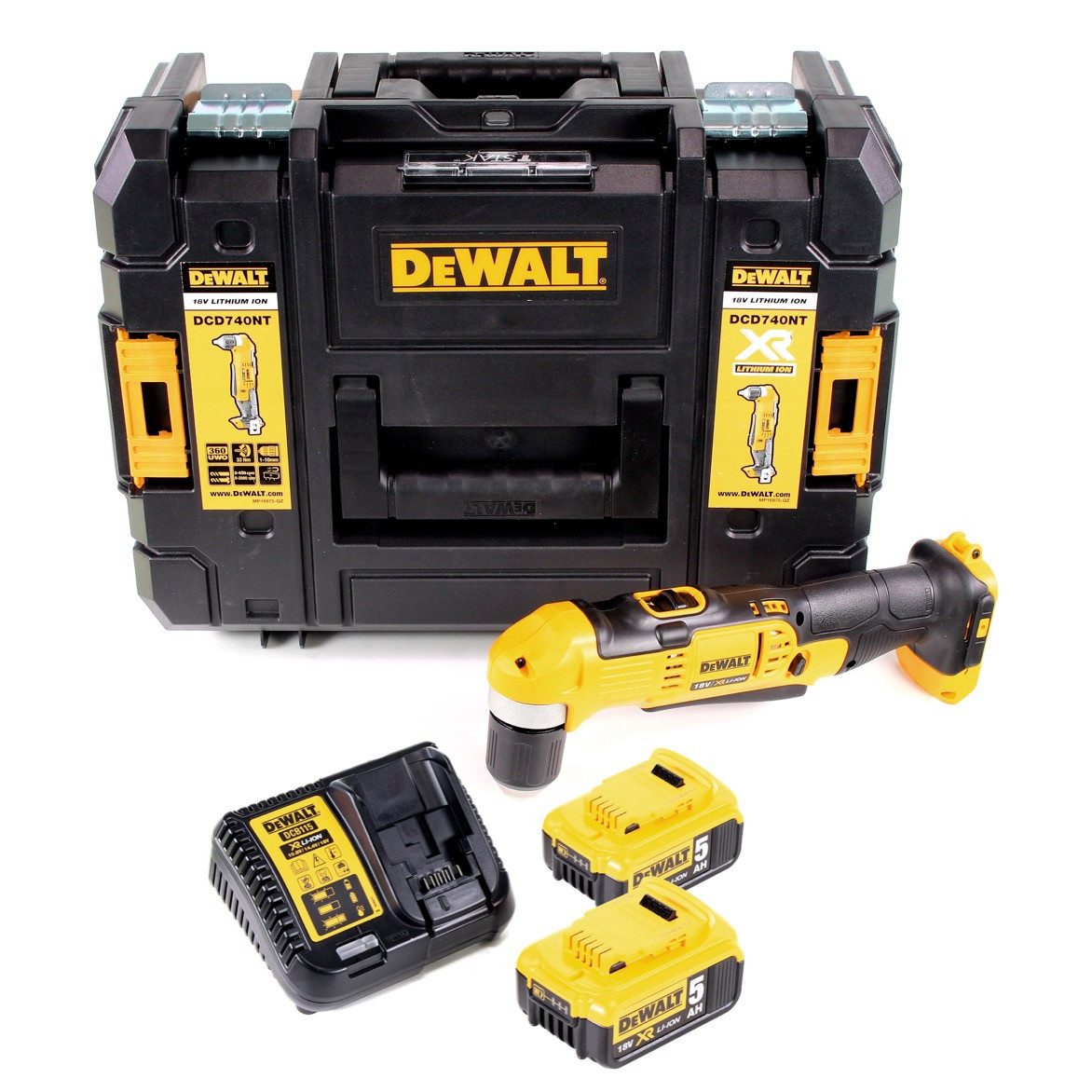DeWalt Akku-Winkelbohrmaschine DCD 740 P2 Akku Winkelbohrmaschine 18V 33Nm + 2x Akku 5,0Ah