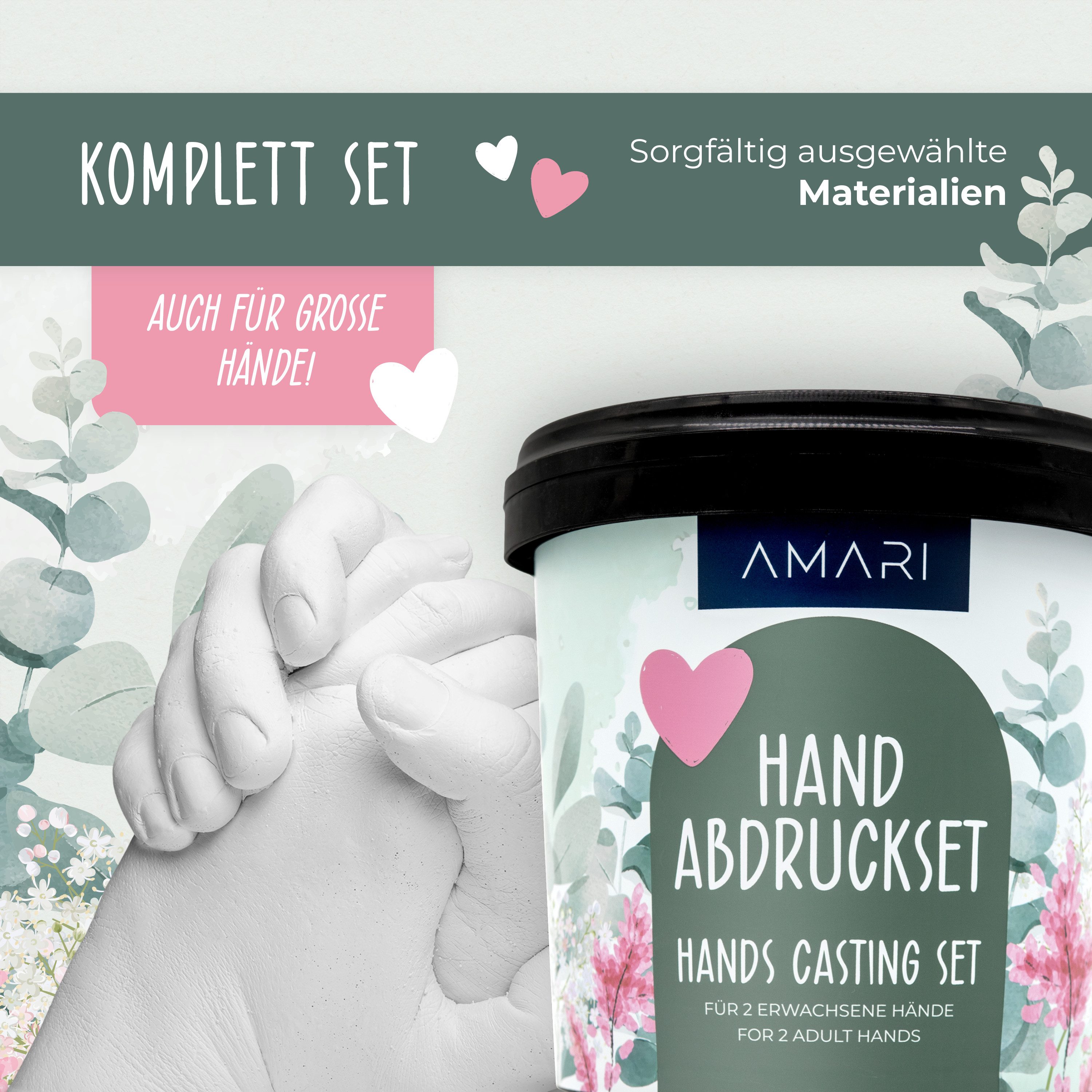 Amari Handabdruck-Set Geschenkidee für Paare - 3D Gipsabdruck, Komplettset, als romantisches Geschenk für Valentinstag, Jahrestag & Hochzeit