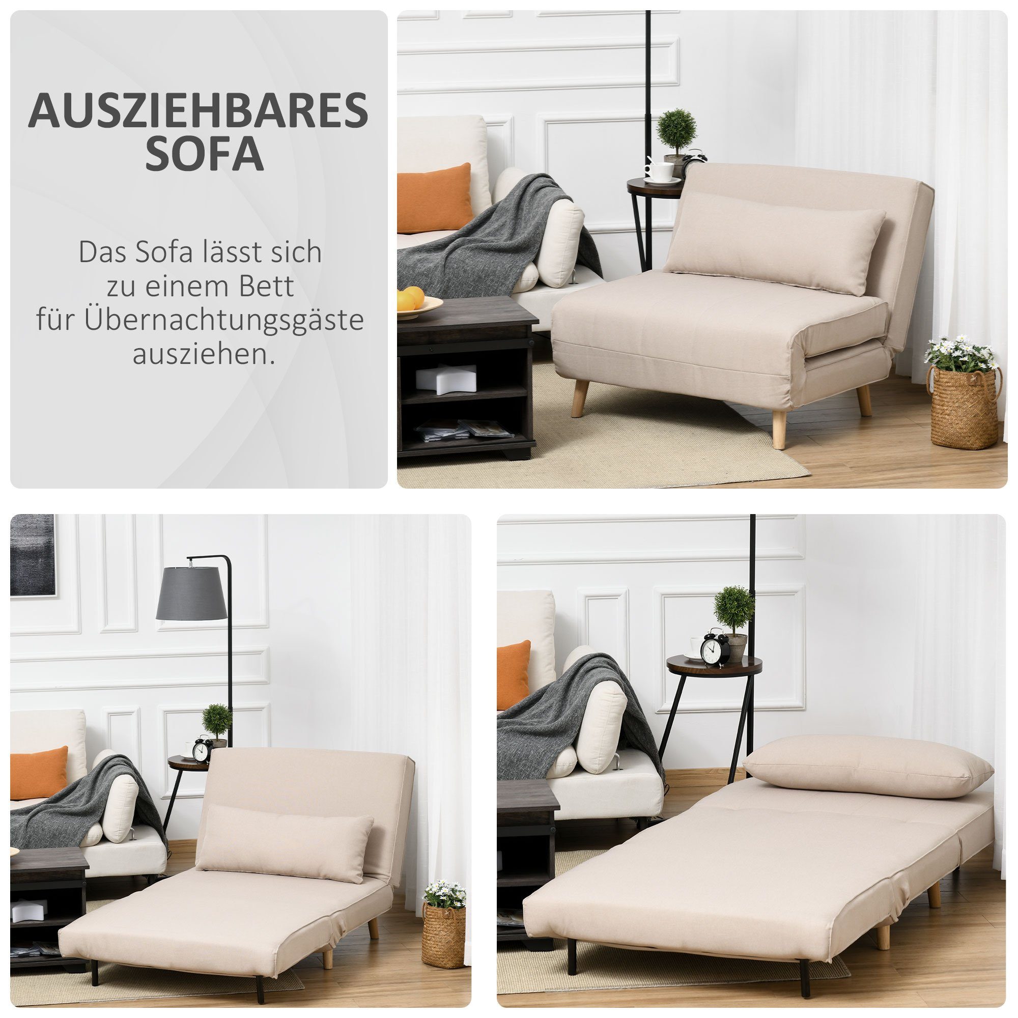 HOMCOM Sessel Rückenlehne Liege, Leinenimitat Tannenholz, Cremeweiß, 94 x 78 x 80 cm (2-Sitzer Sofa, 1-St., 1 x Einzelschlafsofa), mit Bettfunktion – Bild 4 von 5