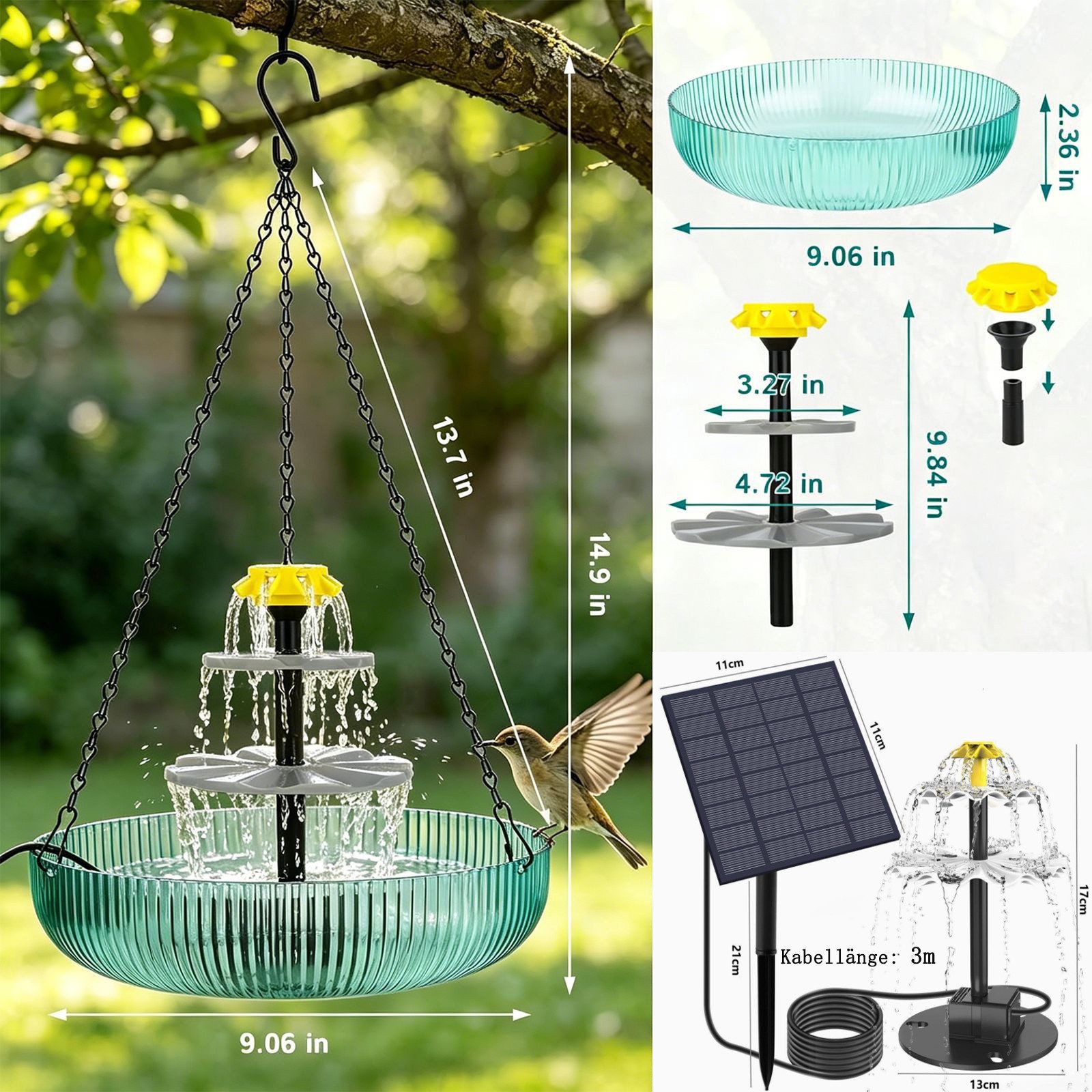 Srvillg Vogeltränke Solar Vogeltränke Hängend, 3-stufige Kaskadenbrunnen Deko, Für Garten & Terrasse, mit Solarpumpe und großem Wasserbecken