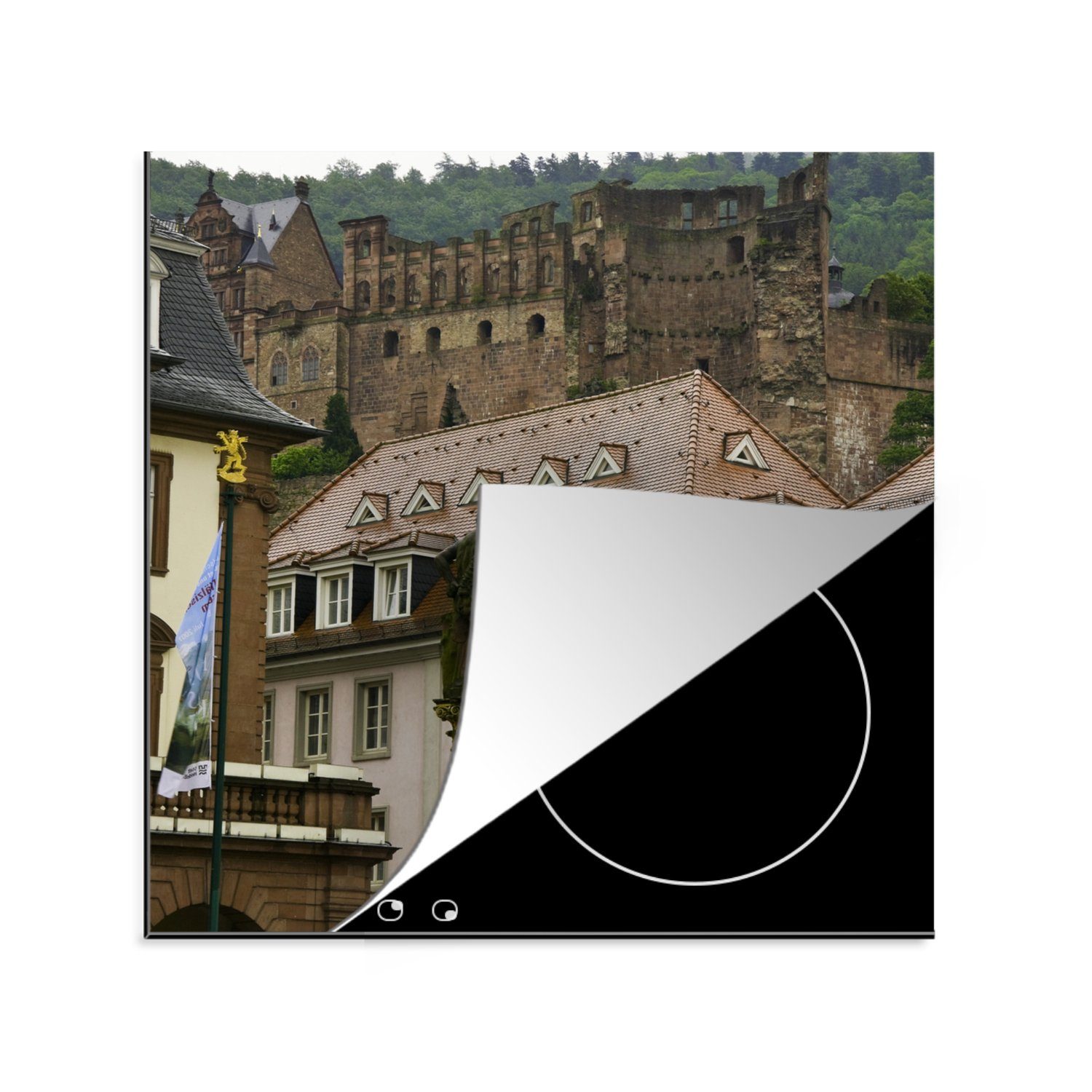 MuchoWow Herdblende-/Abdeckplatte Alte Häuser vor dem Heidelberger Schloss, Vinyl, (1 tlg), 78x78 cm, Ceranfeldabdeckung, Arbeitsplatte für küche