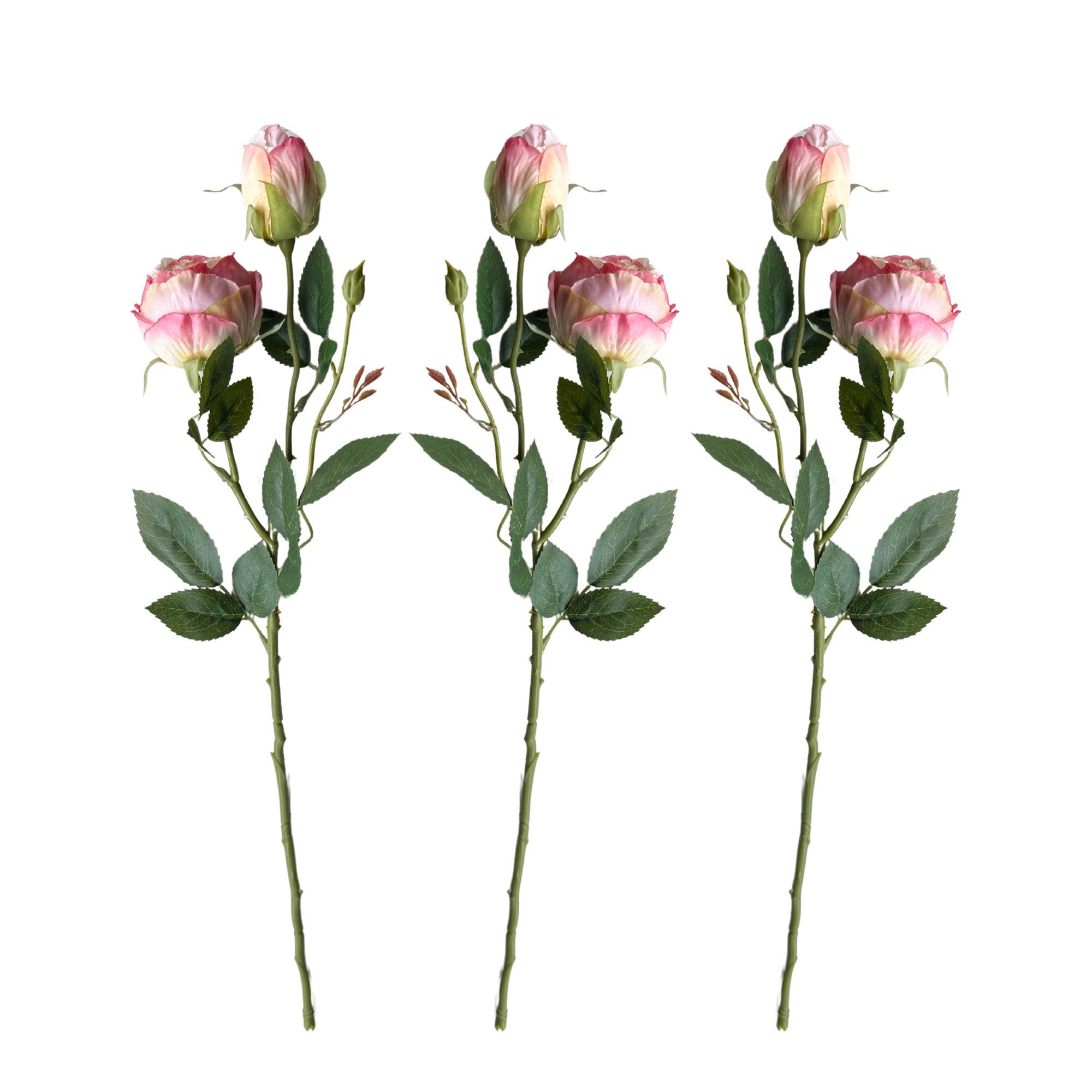 Kunstblumenstrauß Künstliche Rosen 3er Set 55cm. Premium Seidenblumen, 2 Rosen 1 Knospe