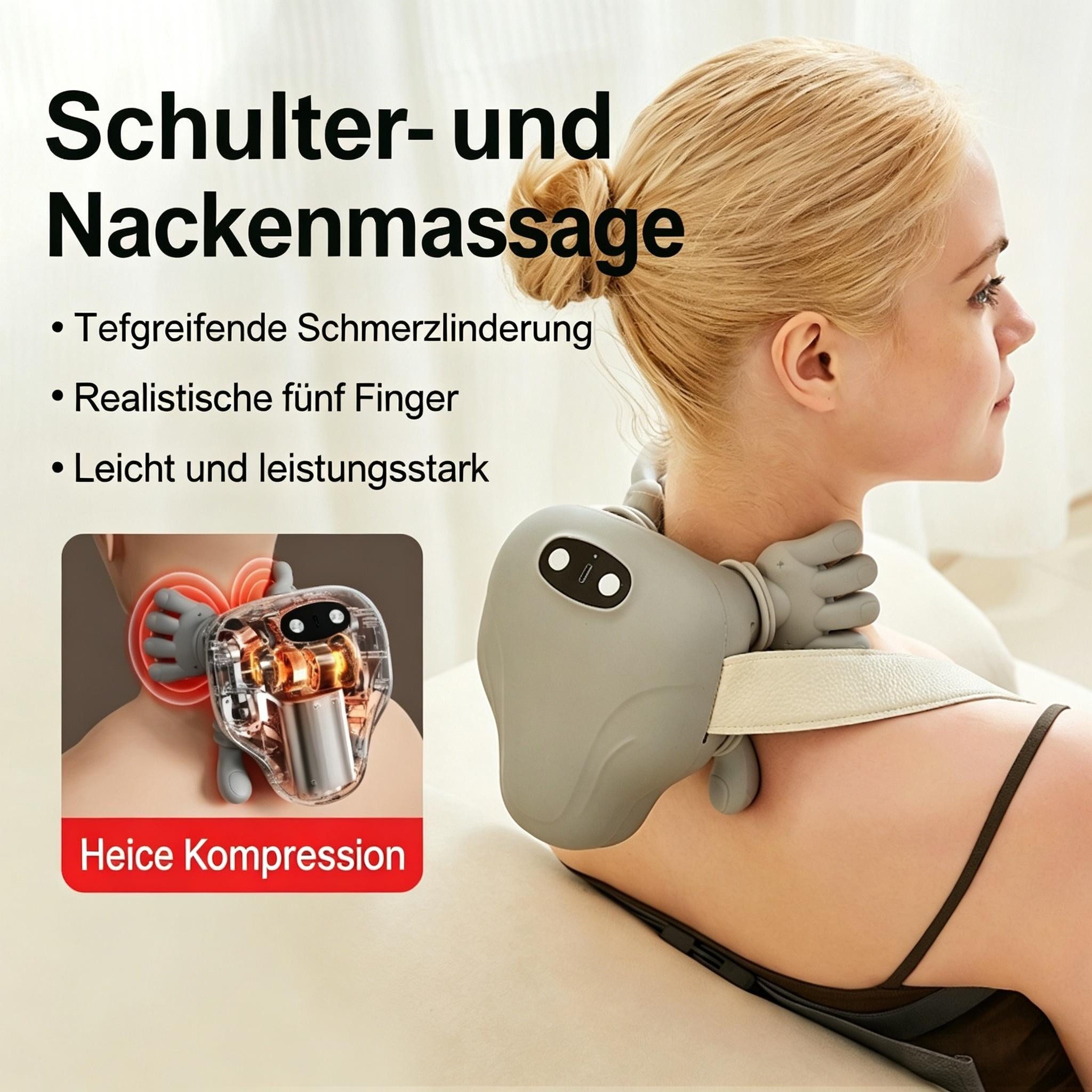 AIBISTAR Nacken-Massagegerät Nackenmassagegerät mit Wärmefunktion & 3 Modi 4D Nacken-Massagegerät, 3 Massagemodi,2 Heizstufen,8 Finger – tiefes Kneten des Nackens