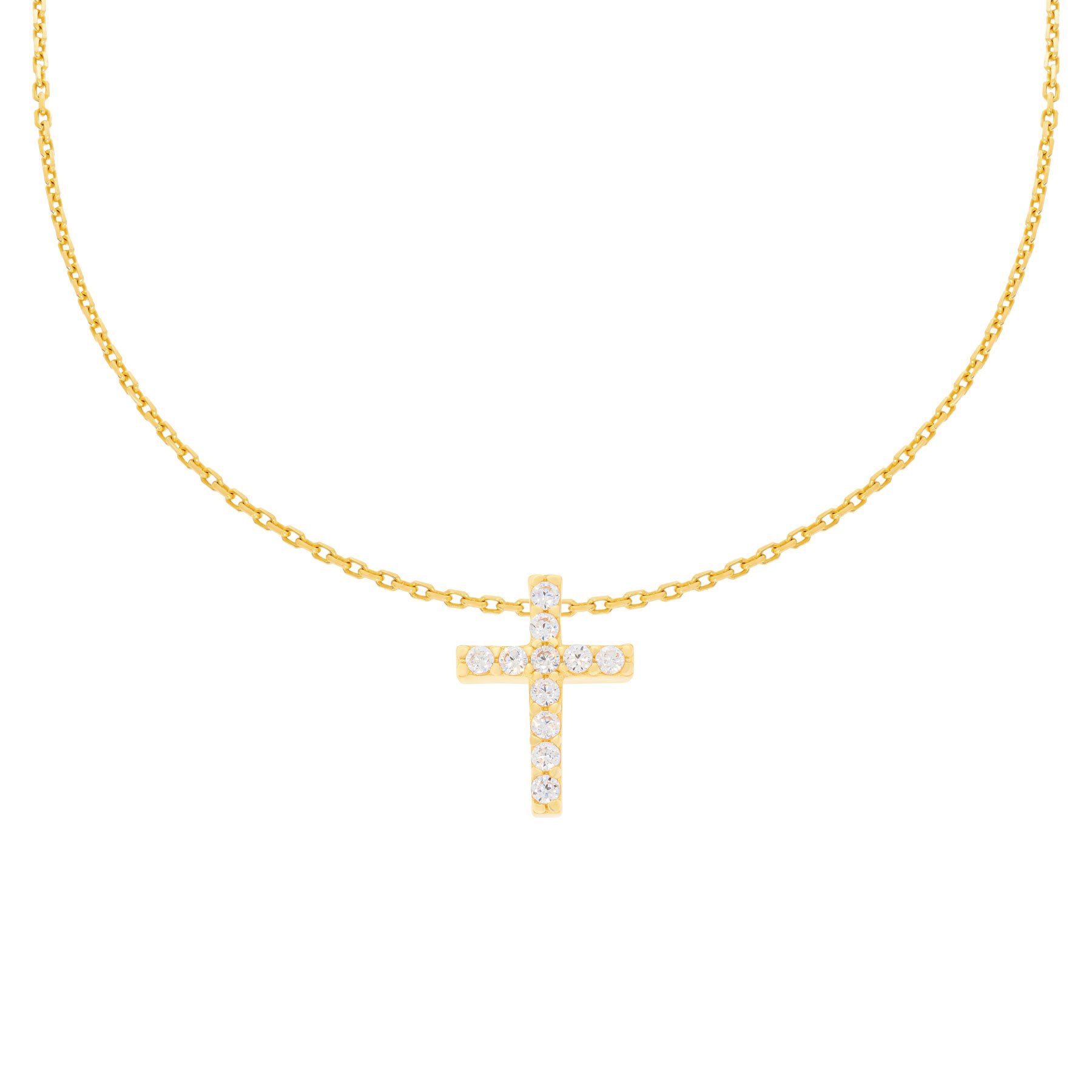 Collier 585er Gelbgold Kette mit Kreuz Anhänger Zirkonia