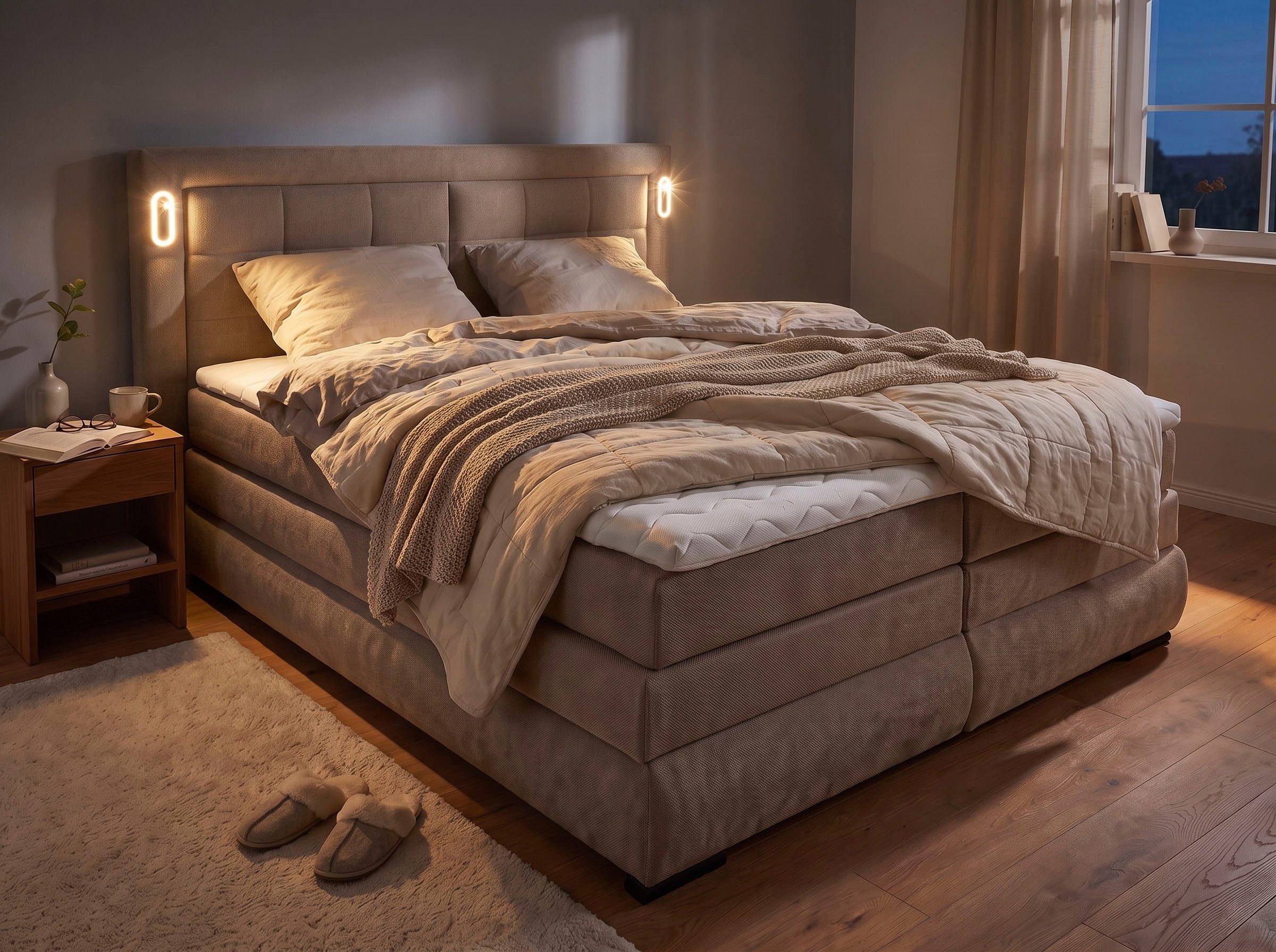 OTTO home Boxspringbett MIVVA mit Bettkasten, mit Taschenfederkernmatratze H3, H3/H4 mix, H4 (mit hochwertigem Strukturstoff, wahlweise mit LED-Leuchten), mit K – Bild 3 von 5