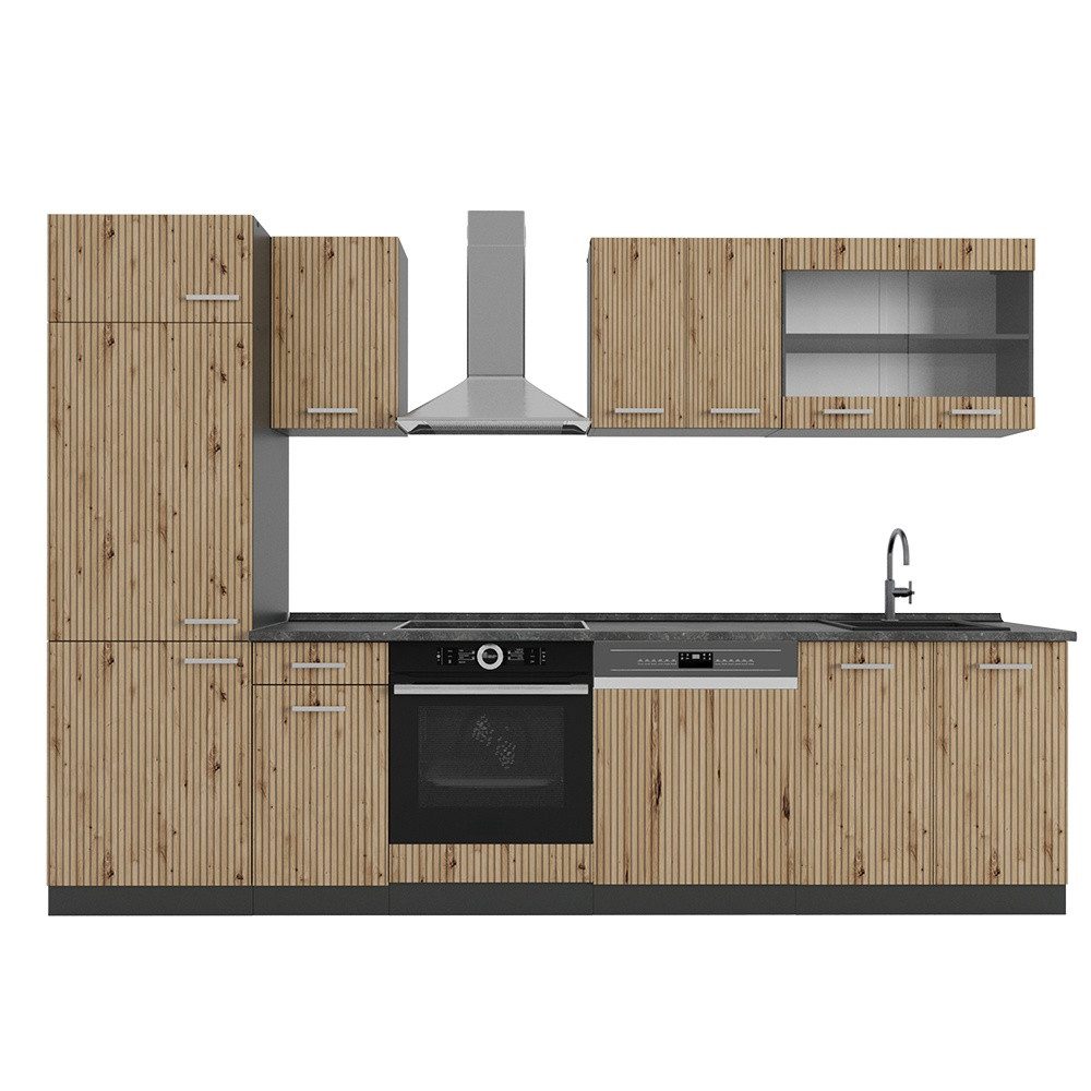 Vicco Küchenzeile R-Line, Artisan Eiche/Anthrazit, 300 cm ohne Arbeitsplatte