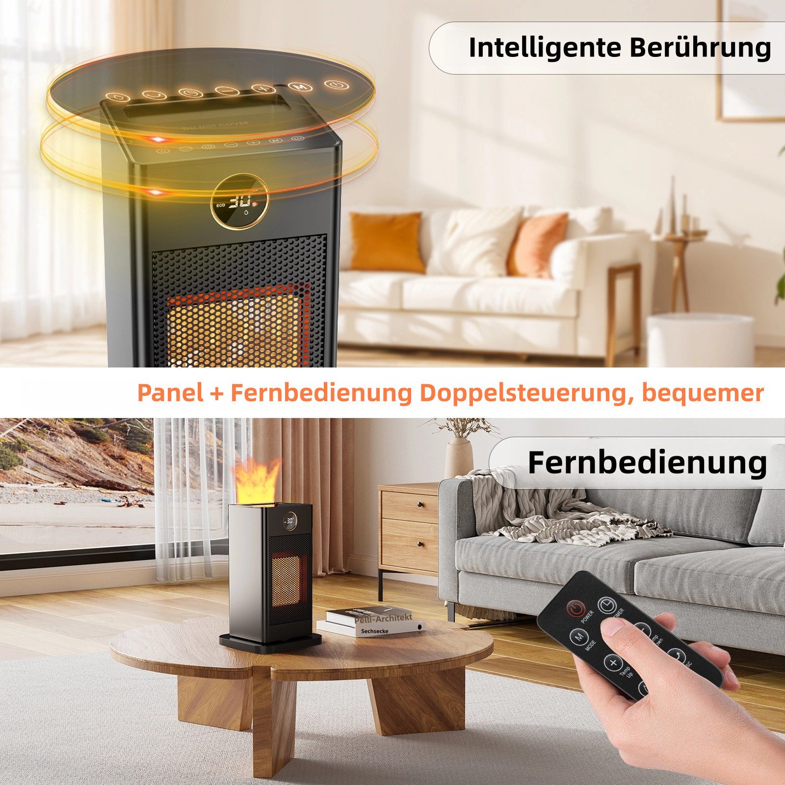 TLGREEN Heizlüfter mit Befeuchtungsfunktion, PTC Leise Heizung,12-Std-Timer, 4 Modus, 1500 W, 90° Oszillierend, Fernbedienung, Umgebungslicht, Tip Over Schutz