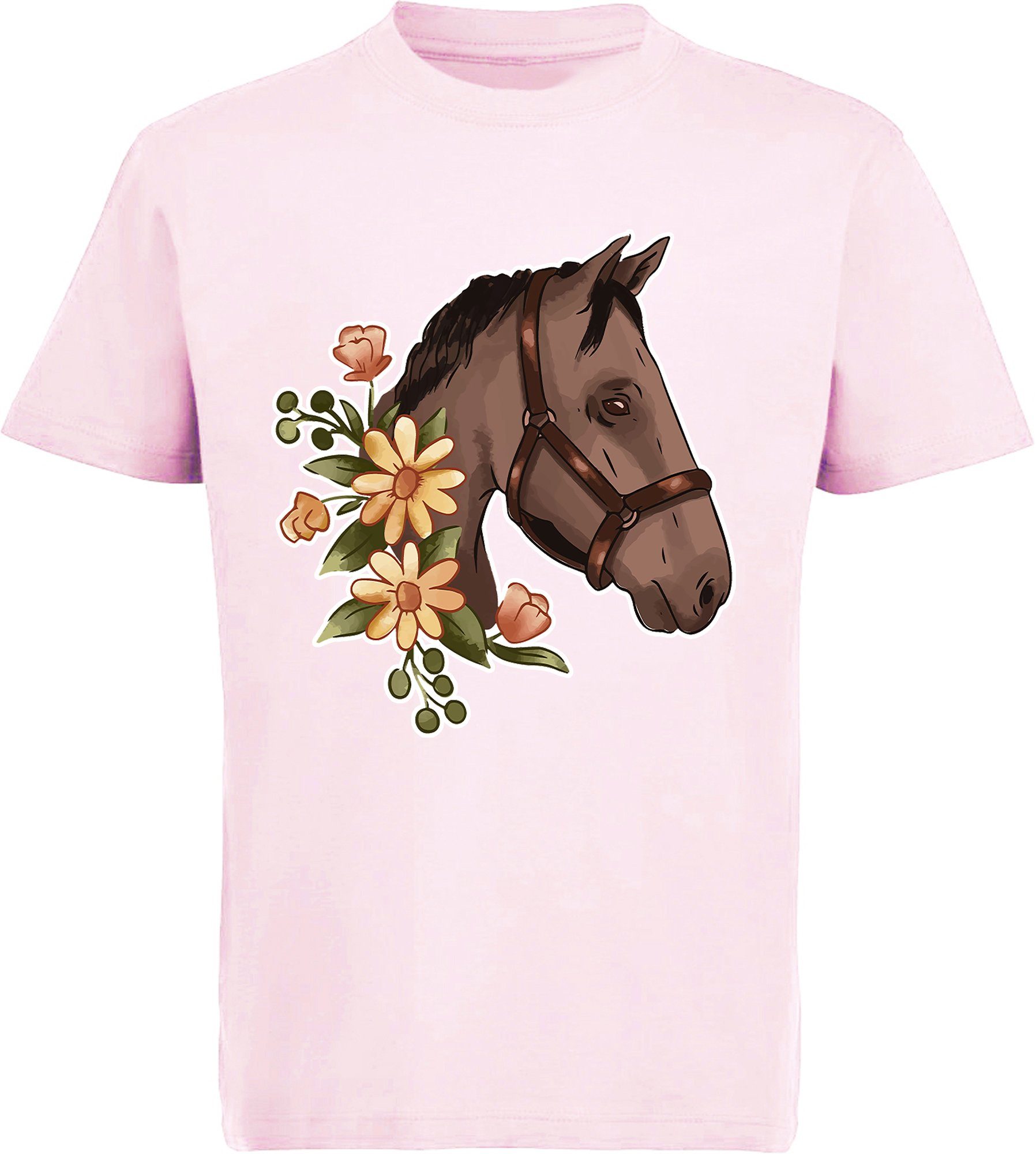 MyDesign24 Print-Shirt bedrucktes Mädchen T-Shirt - Dunkelbrauner Pferdekopf mit Blumen Baumwollshirt mit Aufdruck, i180 rosa