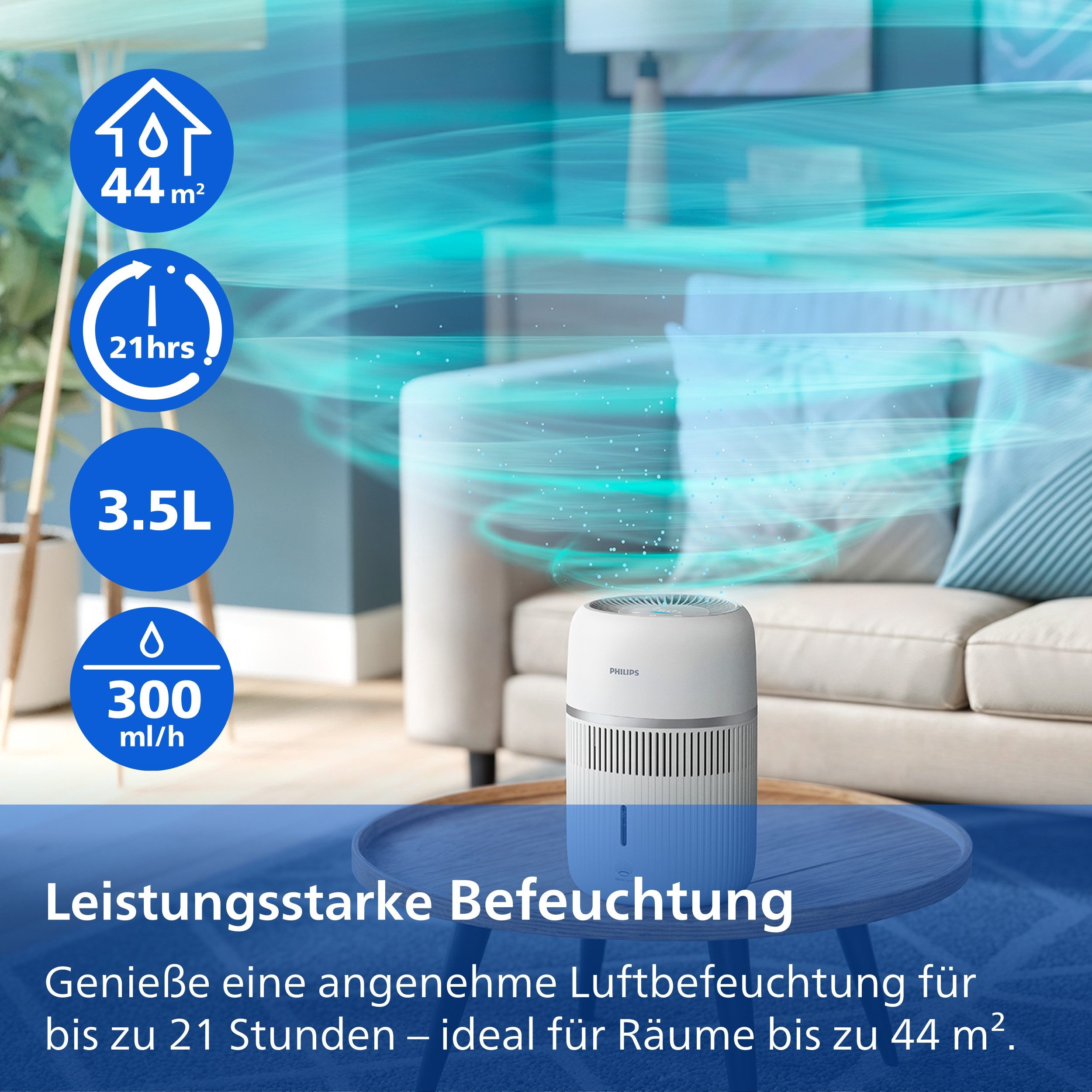 Philips Luftbefeuchter HU4210/04 4000 Series mit 300ml/h Befeuchtungsrate, 3,5 l Wassertank, für Räume bis 44 m², mit App-Verbindung