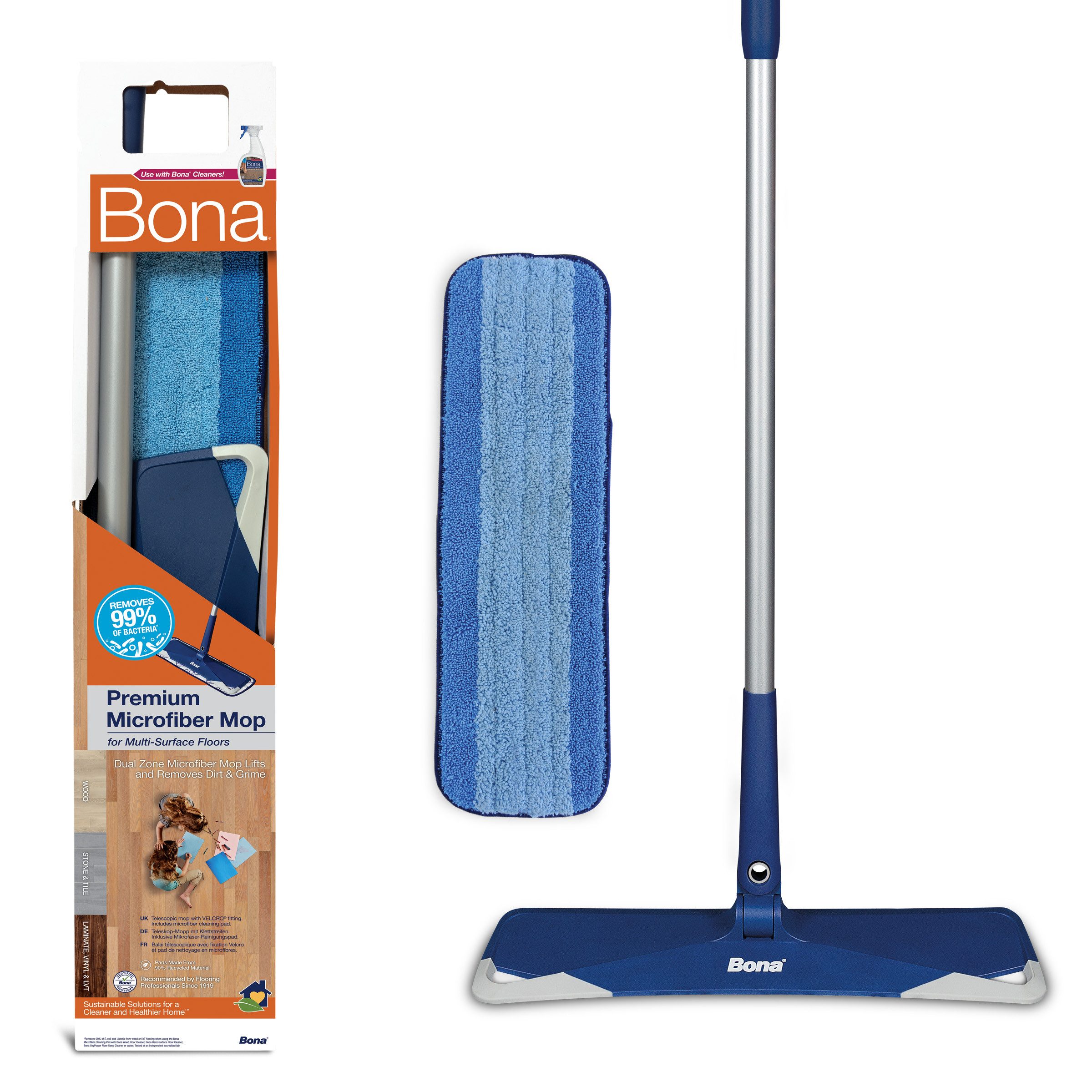 Bona Wischmopp Premium Teleskop-Mop mit Mikrofaser-Pad, Waschbares Mikrofaser-Reinigungspad