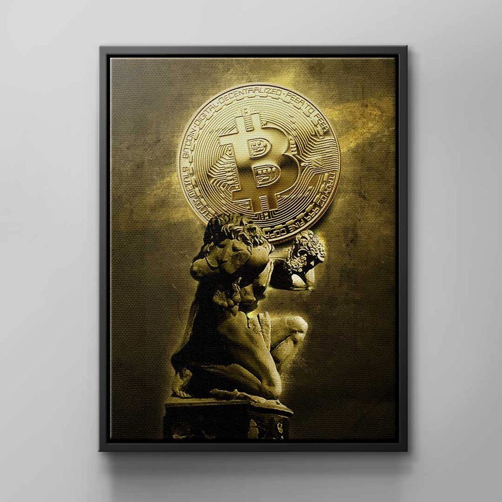 DOTCOMCANVAS® Leinwandbild Bitcoin Statue, Wandbild Bitcoin-Krypto Statue gelb schwarz beige Bitcoin Statue weißer Rahmen | Leinwandbilder