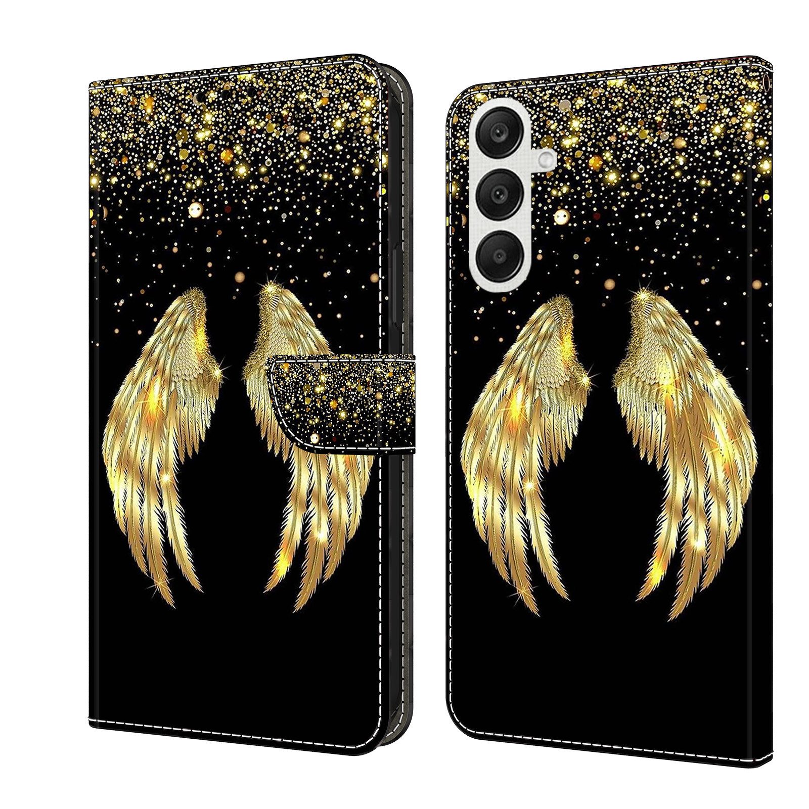 CLM-Tech Handytasche für Samsung Galaxy A56 5G Hülle aus PU-Leder Klapphülle (goldene Flügel, Handyhülle mit Standfunktion - Wallet Flip Case inklusive Kartenfächer), Cover mit Magnetverschluss Samsung Galaxy A56 5G Schutzhülle