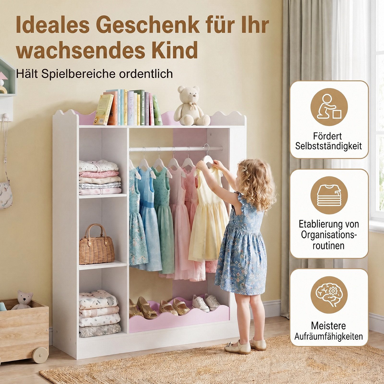KOMFOTTEU Kinderkleiderschrank Kindergarderobe Kleiderständer mit Spiegel, Kleiderstange & offenen Fächern – Bild 5 von 5