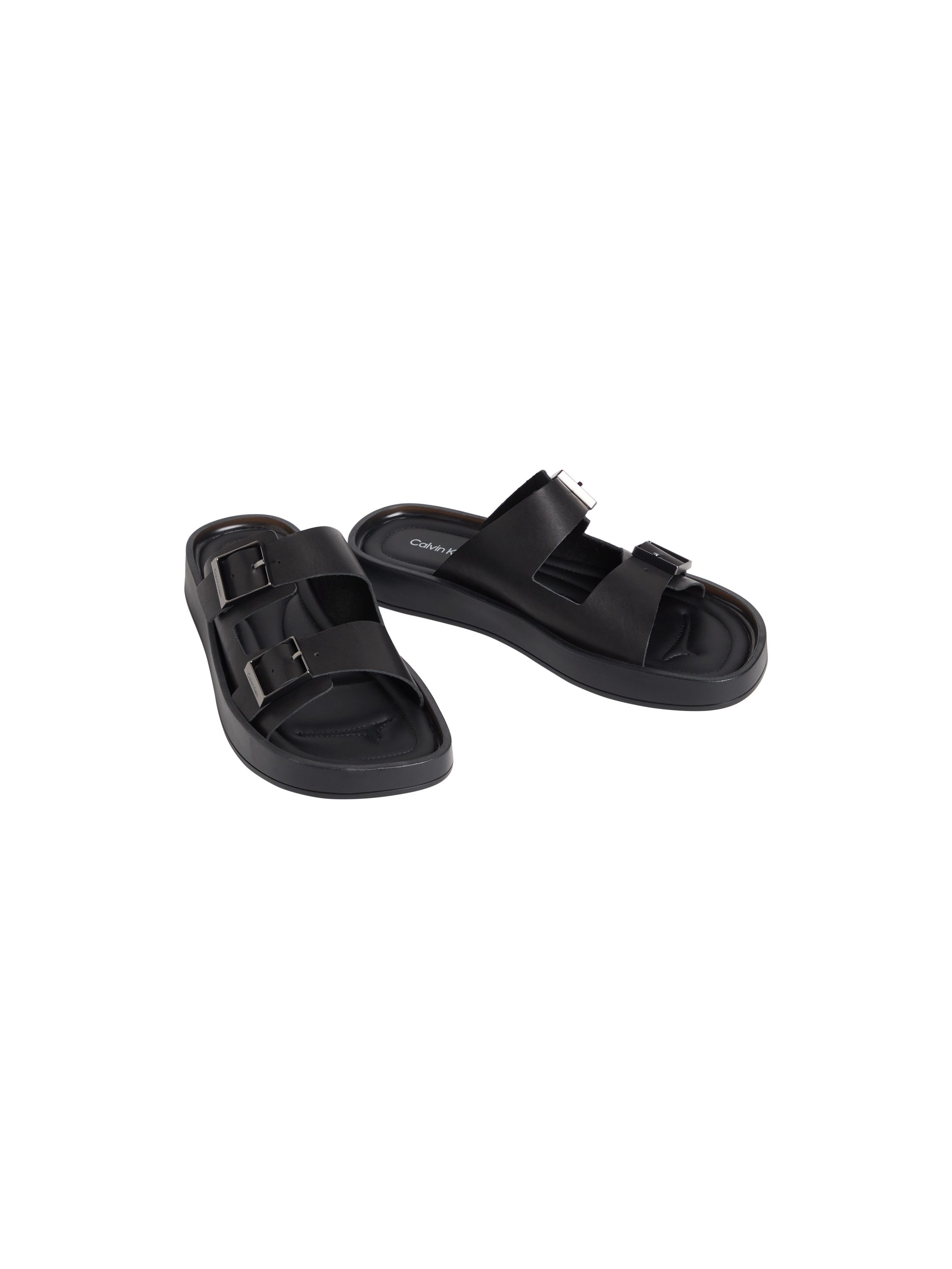 Calvin Klein ERGON DOUBLE BAR SANDAL LTH Pantolette Strandschuh, Sommerschuh, unifarbener Flat mit Logoschriftzug