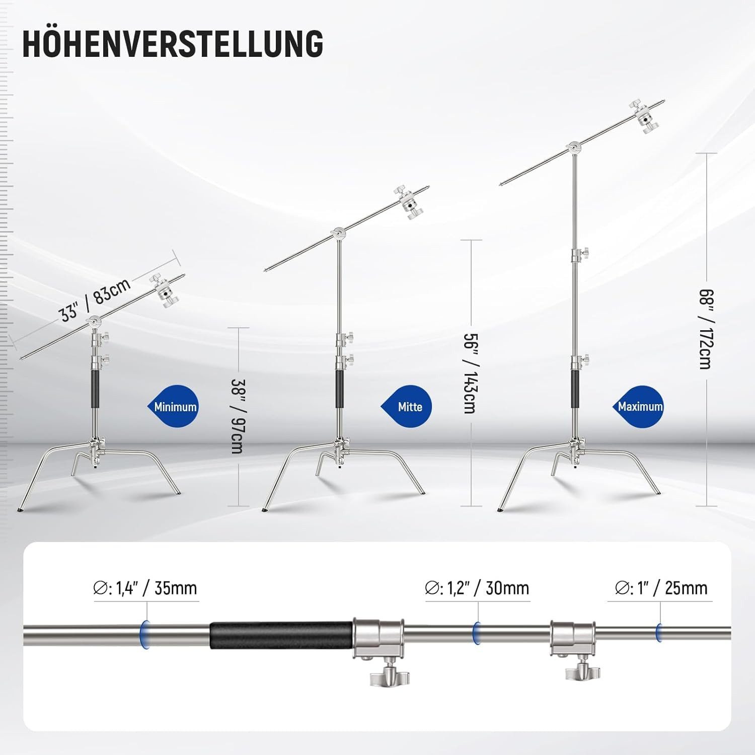 Neewer SC172 C-Ständer Edelstahl 172cm mit Galgenarm Lampenstativ (höhenverstellbar von 97 bis 172 cm)