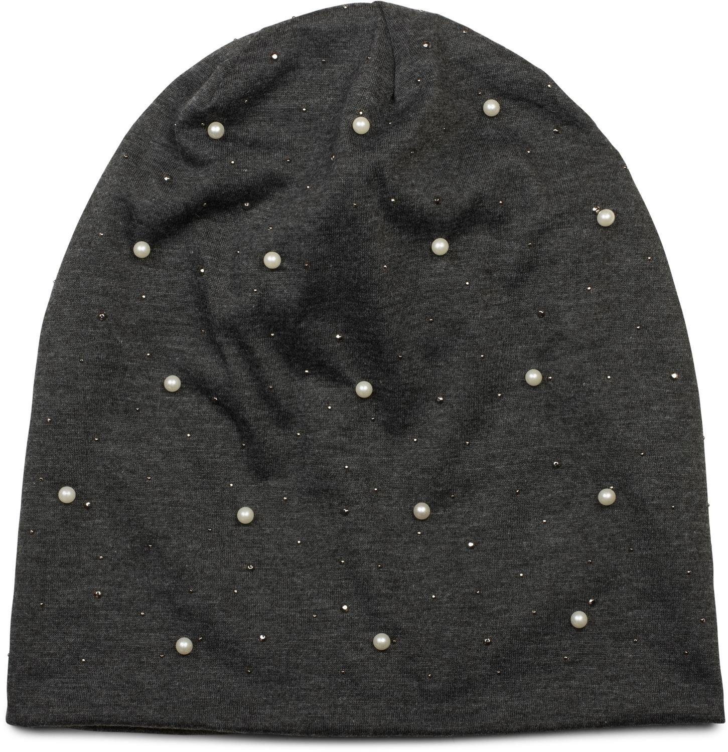 styleBREAKER Beanie (1-St) Nieten Beanie und meliert Perlen Strass Dunkelgrau mit