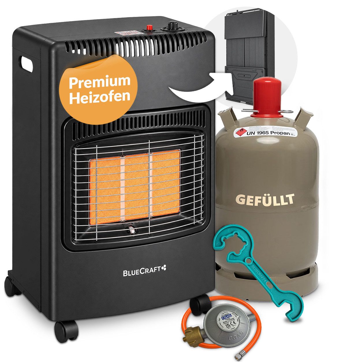 BlueCraft Heizstrahler PREMIUM Gasheizung Gasofen 4200 W Campingheizung Gas-Heizstrahler, 4200 W, 3-Stufen-Regulierung, Kompakt, Mobil, Mit Gasdruckregler + Schlauch