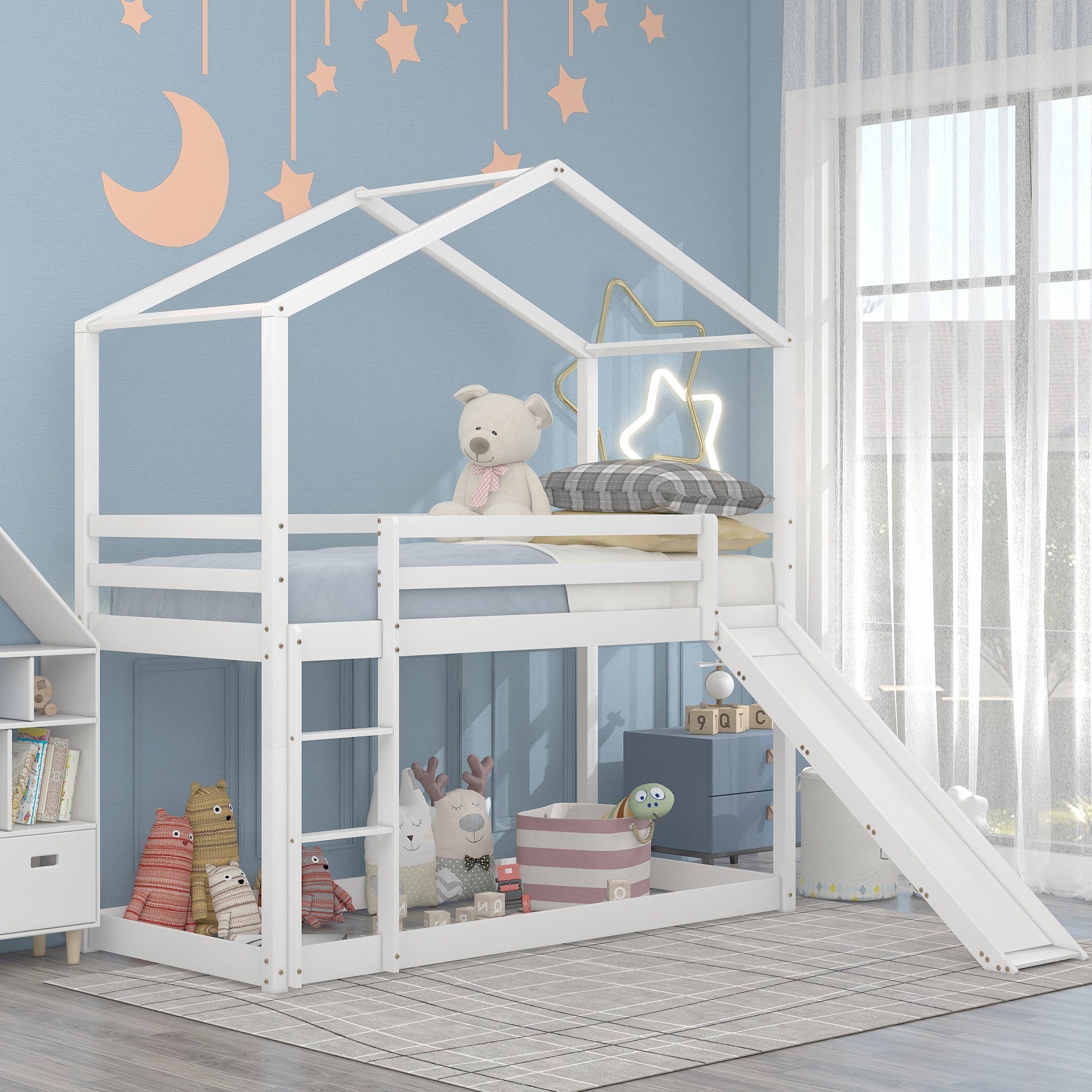 Etagenbett (Kinderbett Hausbett 90x200 cm), Hochbett mit Lattenrost, Rutsche, Rausfallschutz und Leiter, Kiefer