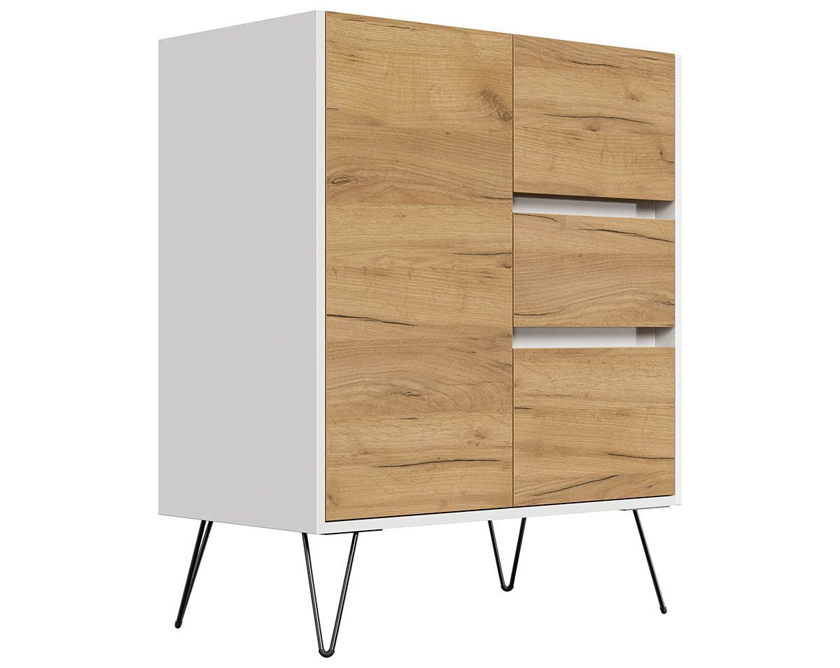 Posseik Waschtisch-Set Sideboard FAVIER 80 x 94cm, 3 Schubladen 1 Tür, weiß-eiche, (Sideboard, 1-St., Sideboard)
